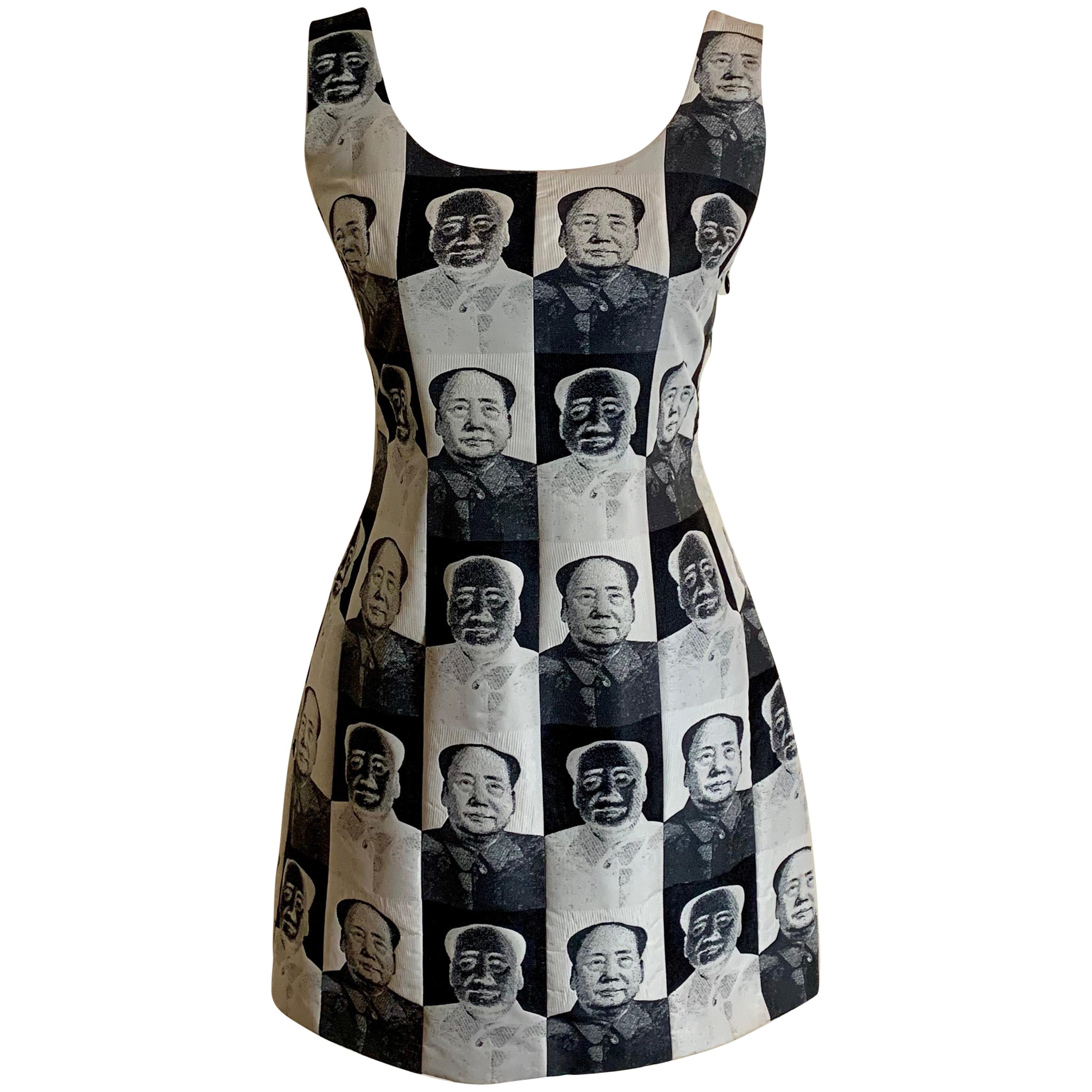 Vivienne Tam 'Chairman Mao' Black & White Warhol Print Vintage Dress, 1990s