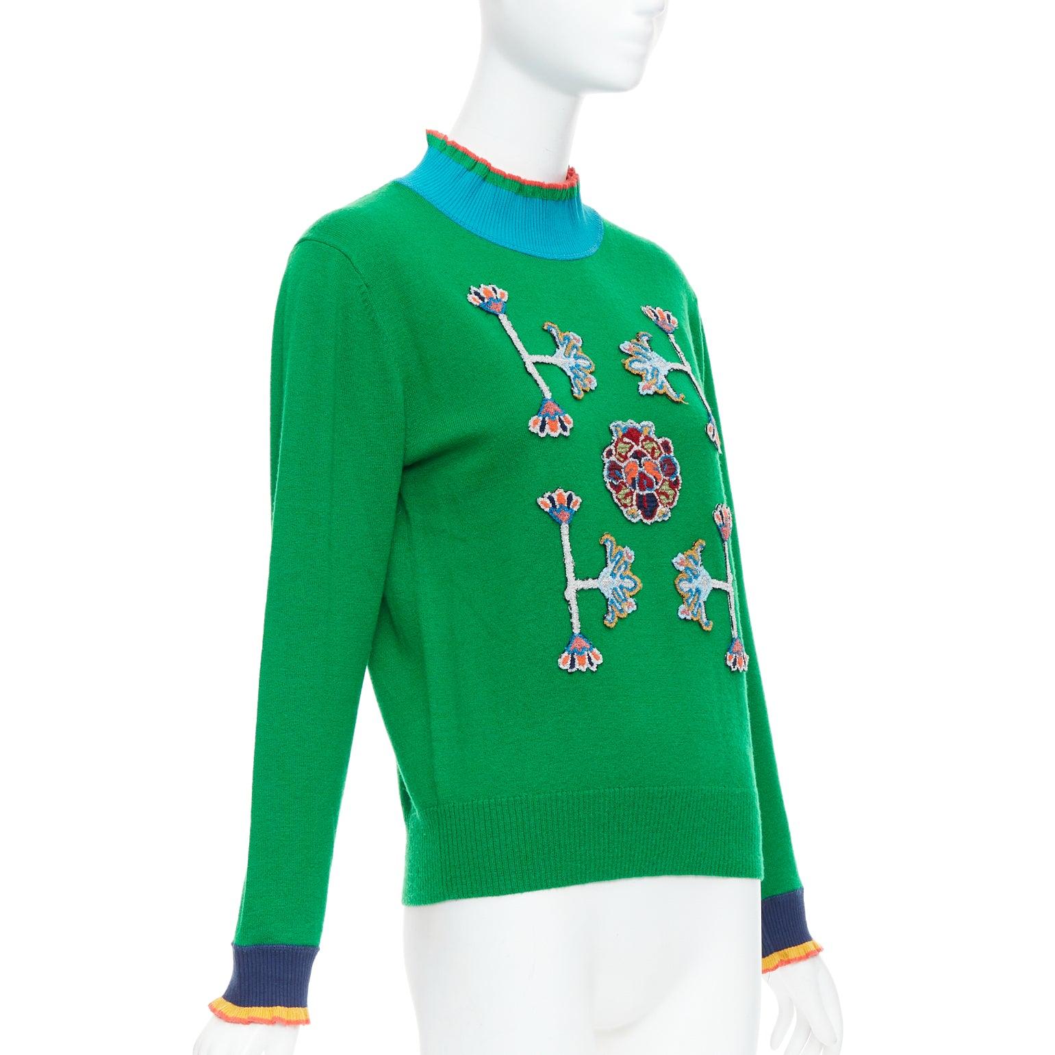 Green VIVIENNE TAM green merino wool cashmere oriental patch sweater M For Sale