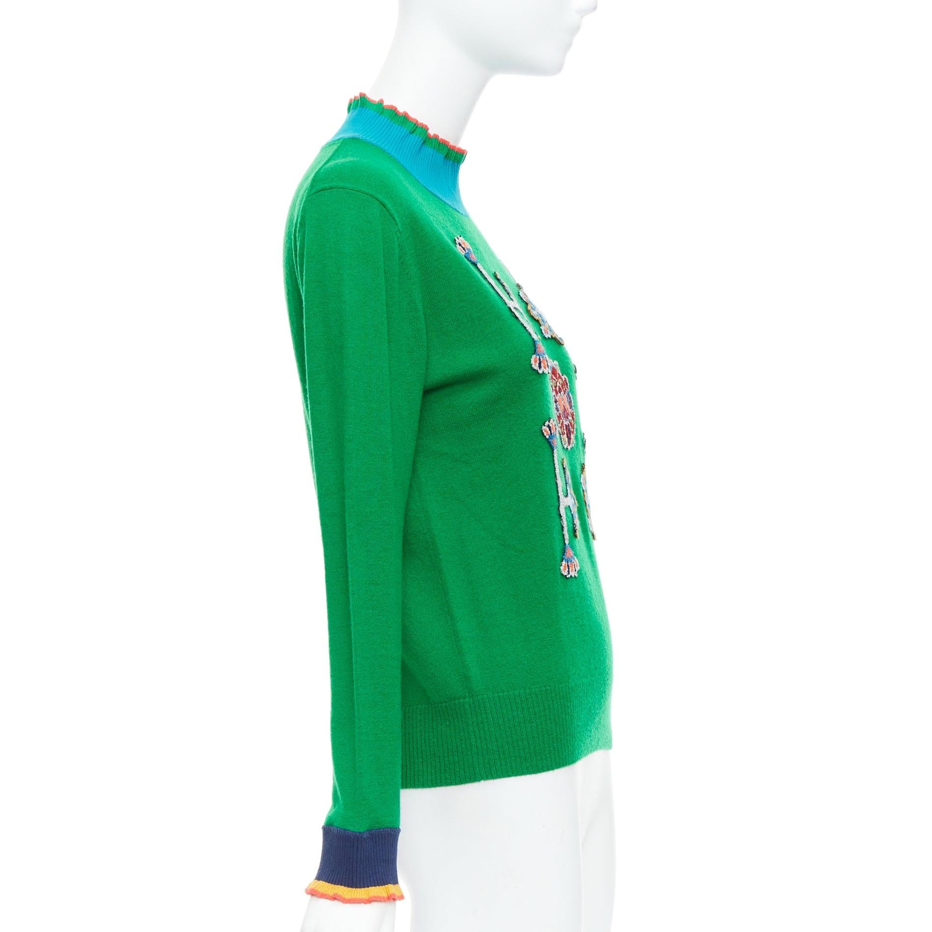 VIVIENNE TAM green merino wool cashmere oriental patch sweater M In Excellent Condition For Sale In Hong Kong, NT