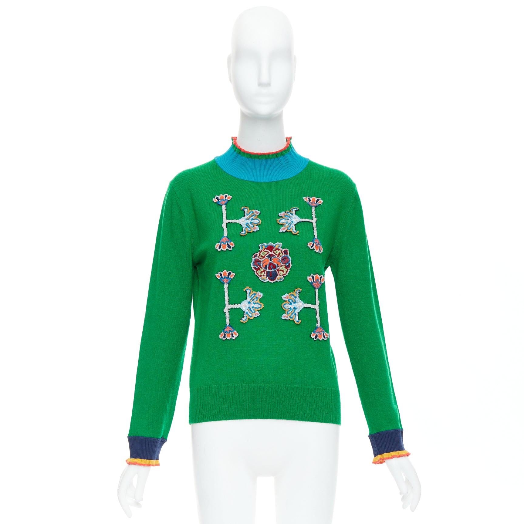 VIVIENNE TAM green merino wool cashmere oriental patch sweater M For Sale 3
