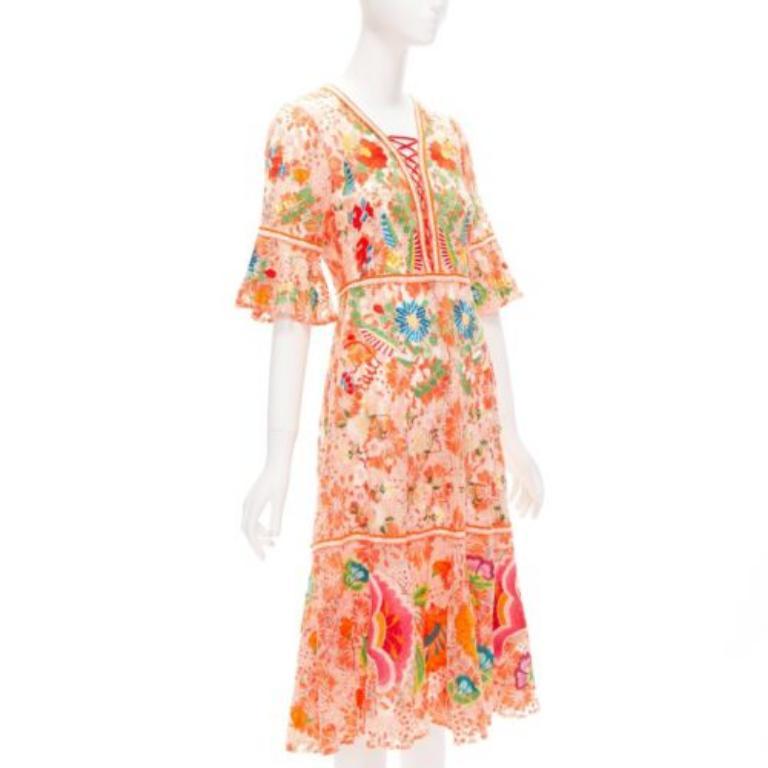 Orange VIVIENNE TAM orange floral cotton lace laced up midi dress US2 S For Sale