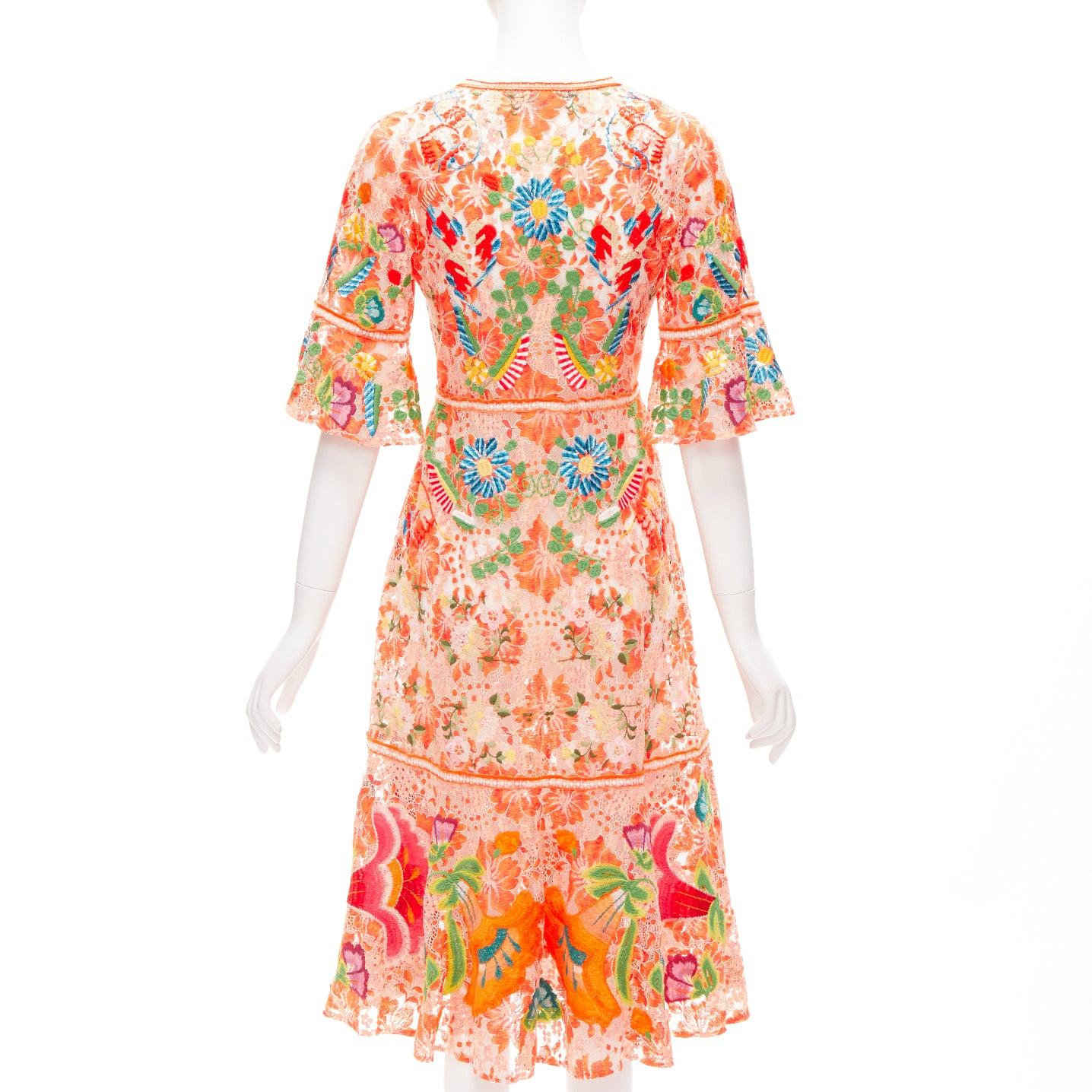 VIVIENNE TAM orange floral cotton lace laced up midi dress US2 S In Excellent Condition For Sale In Hong Kong, NT