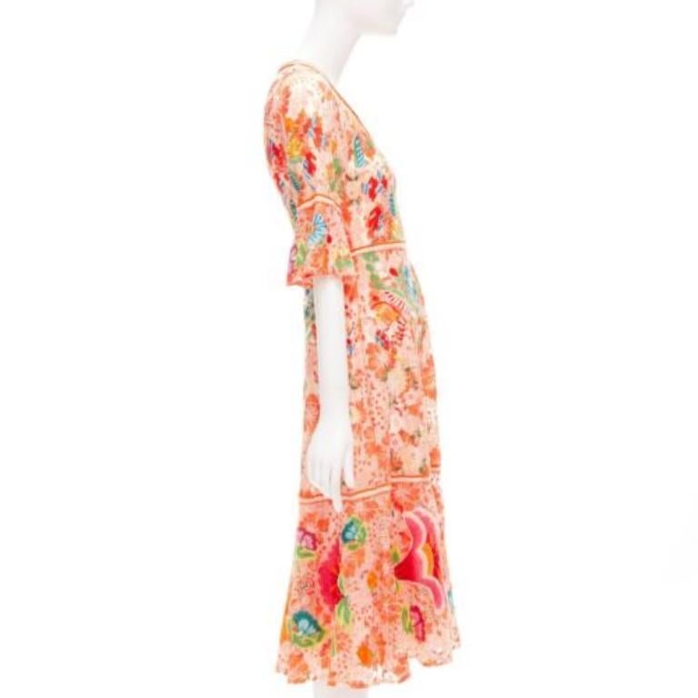 VIVIENNE TAM orange floral cotton lace laced up midi dress US2 S In Excellent Condition For Sale In Hong Kong, NT