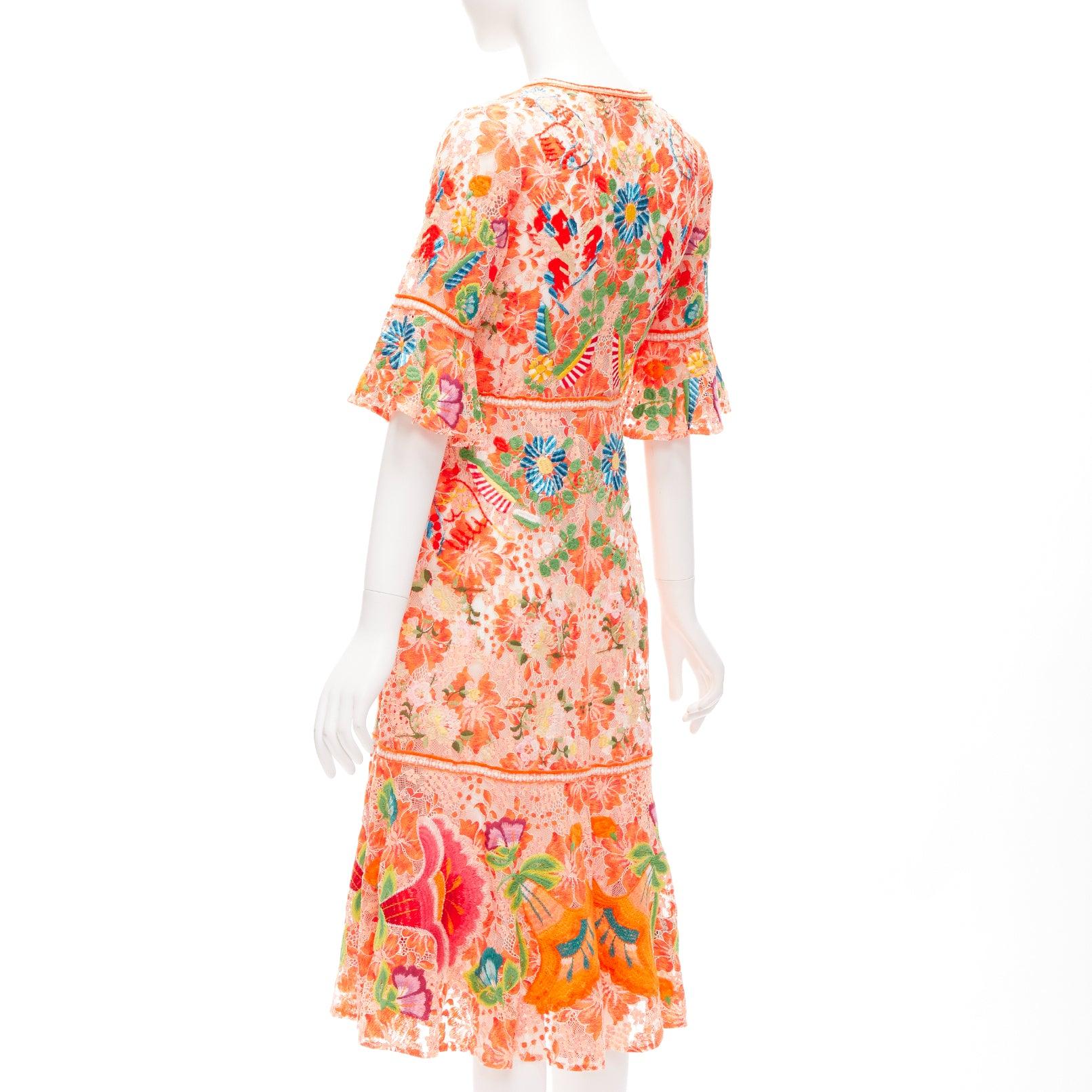 Women's VIVIENNE TAM orange floral cotton lace laced up midi dress US2 S For Sale