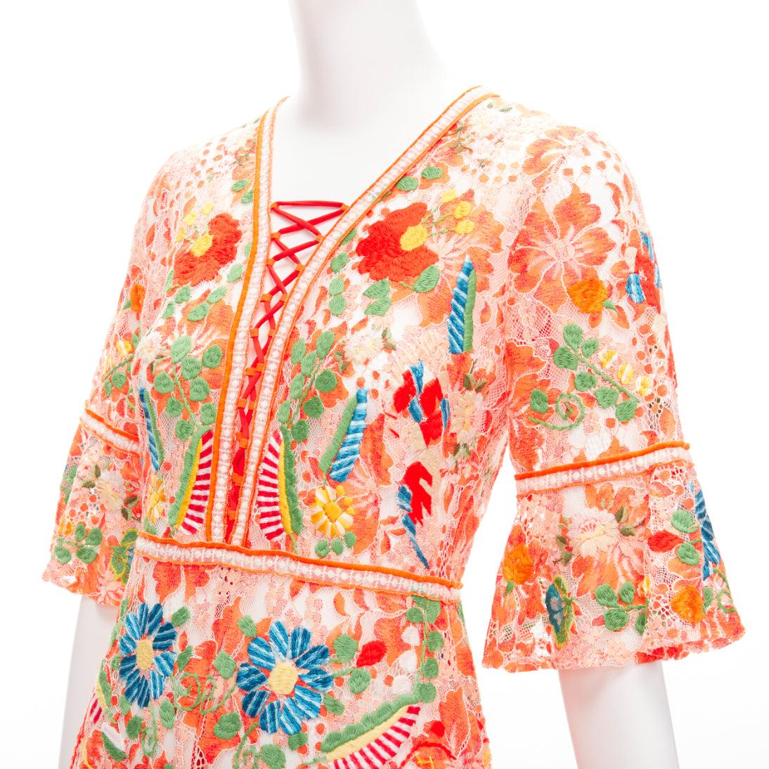 VIVIENNE TAM orange floral cotton lace laced up midi dress US2 S For Sale 1