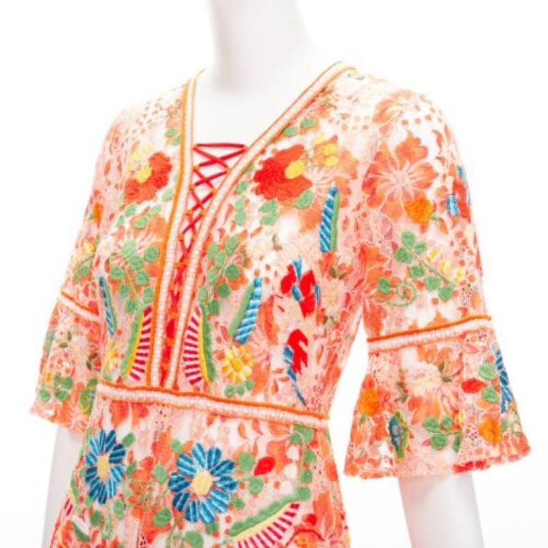 VIVIENNE TAM orange floral cotton lace laced up midi dress US2 S For Sale 2