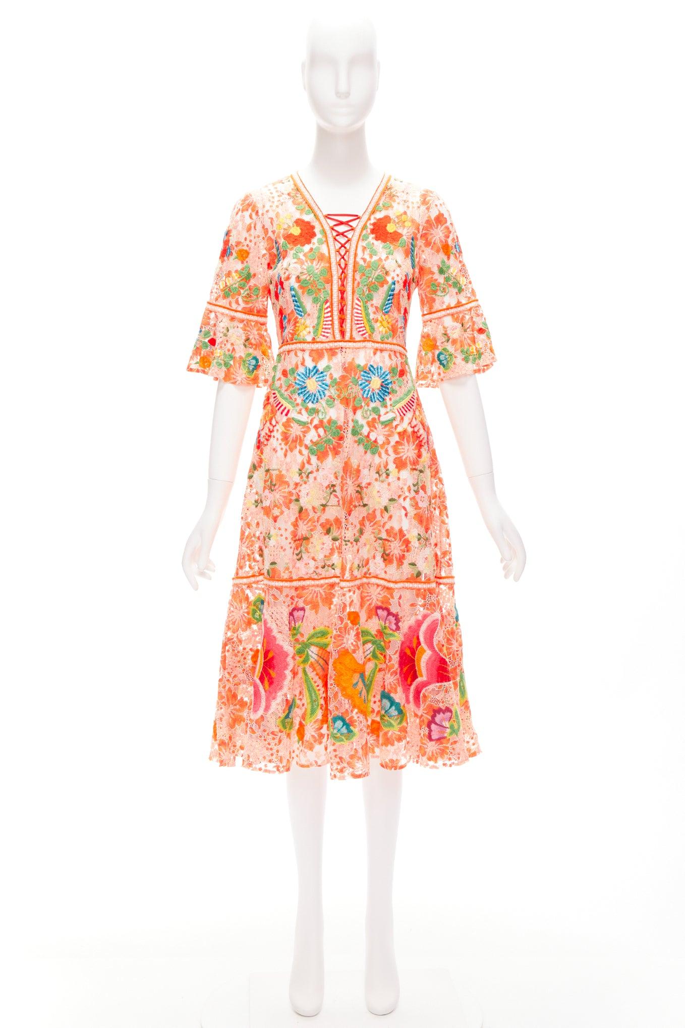 VIVIENNE TAM orange floral cotton lace laced up midi dress US2 S For Sale 3