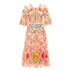 Vivienne Tam arancione, vestito midi in pizzo floreale di cotone con allacciatura US2 S