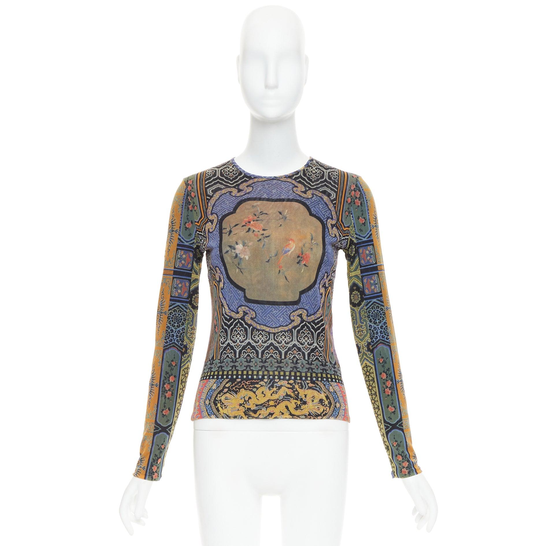 VIVIENNE TAM top de manga larga con estampado de pájaros dragón Dinastía chinoiserie morado en venta 4
