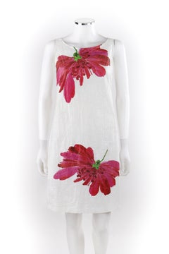 VIVIENNE TAM S/S 2009 Olefin Crinkle White Pink Red Flower Boat Neck Shift Dress
