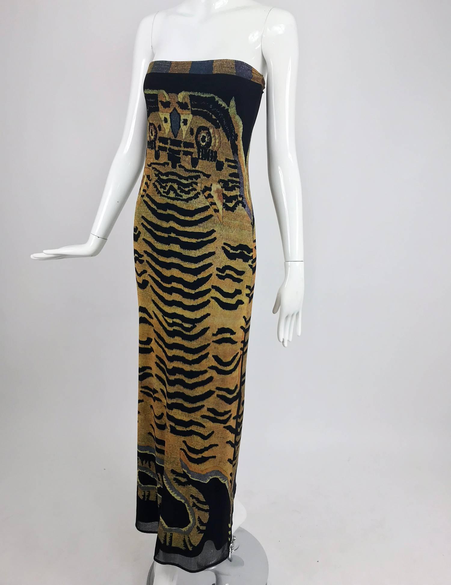 Vivienne Tam Tiger print strapless stretch mesh maxi dress in the collection of The Museum at FIT New York.... Spring 1998...A Chinese influence of dragons and Tibetan tiger rugs...Strapless dress in an exotic tiger skin print front and back...Nylon