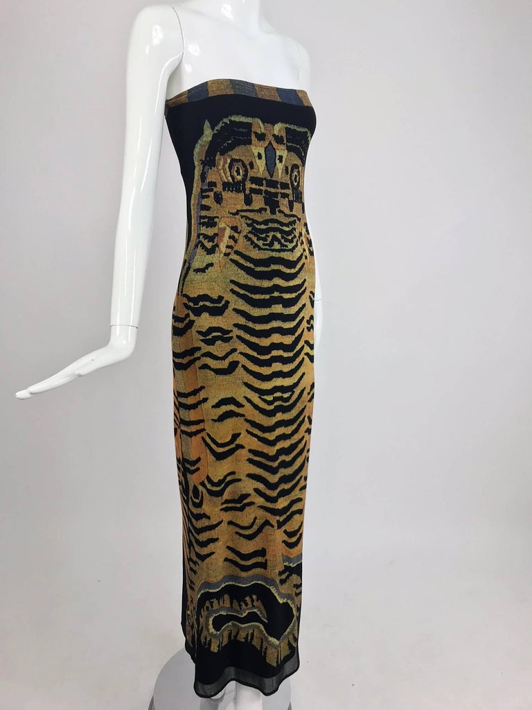 Vivienne Tam Tiger print strapless stretch mesh maxi dress, 1998