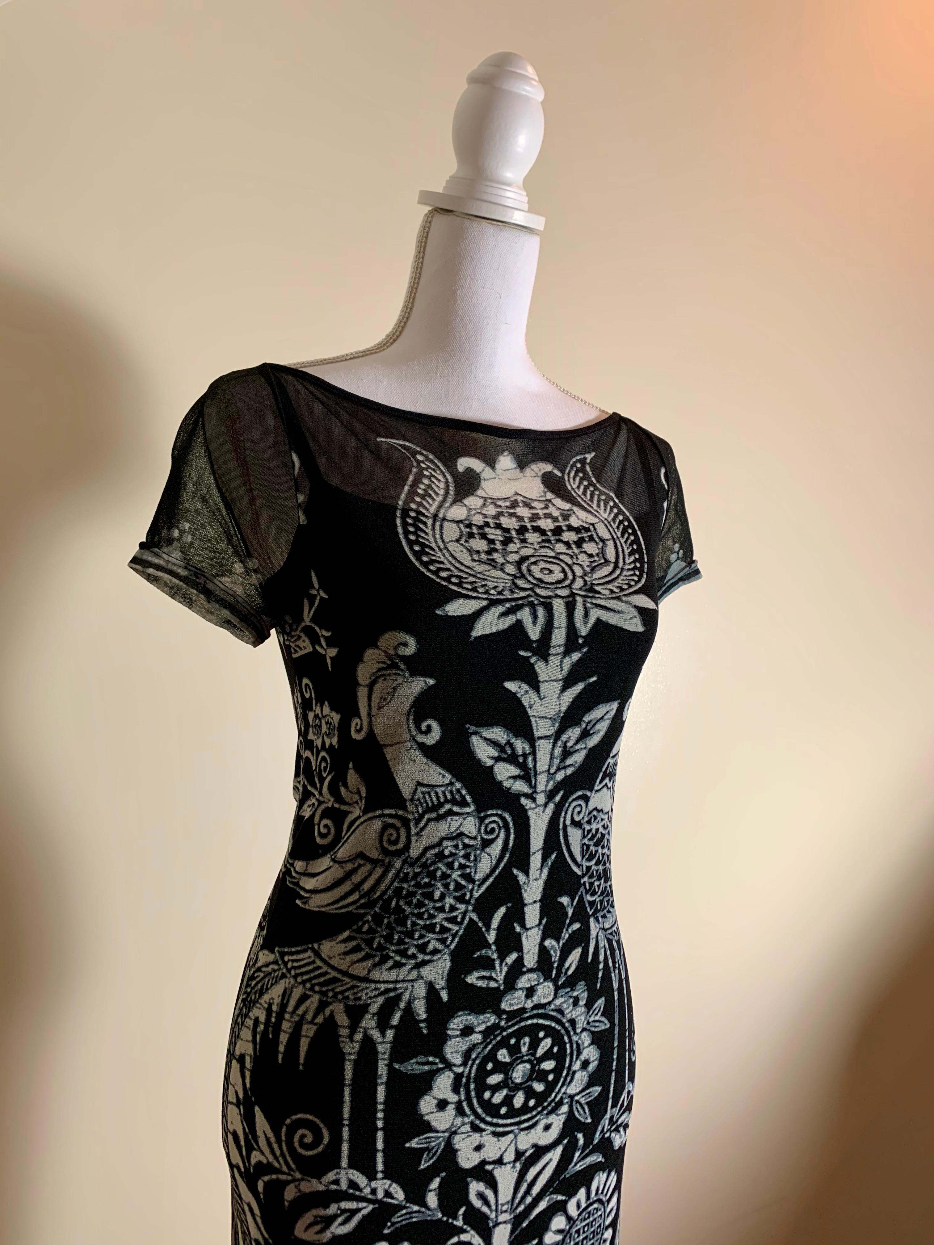 International Style Vivienne Tam Vintage Black & White Floral Bird Print Dress with under Slip 1990s For Sale