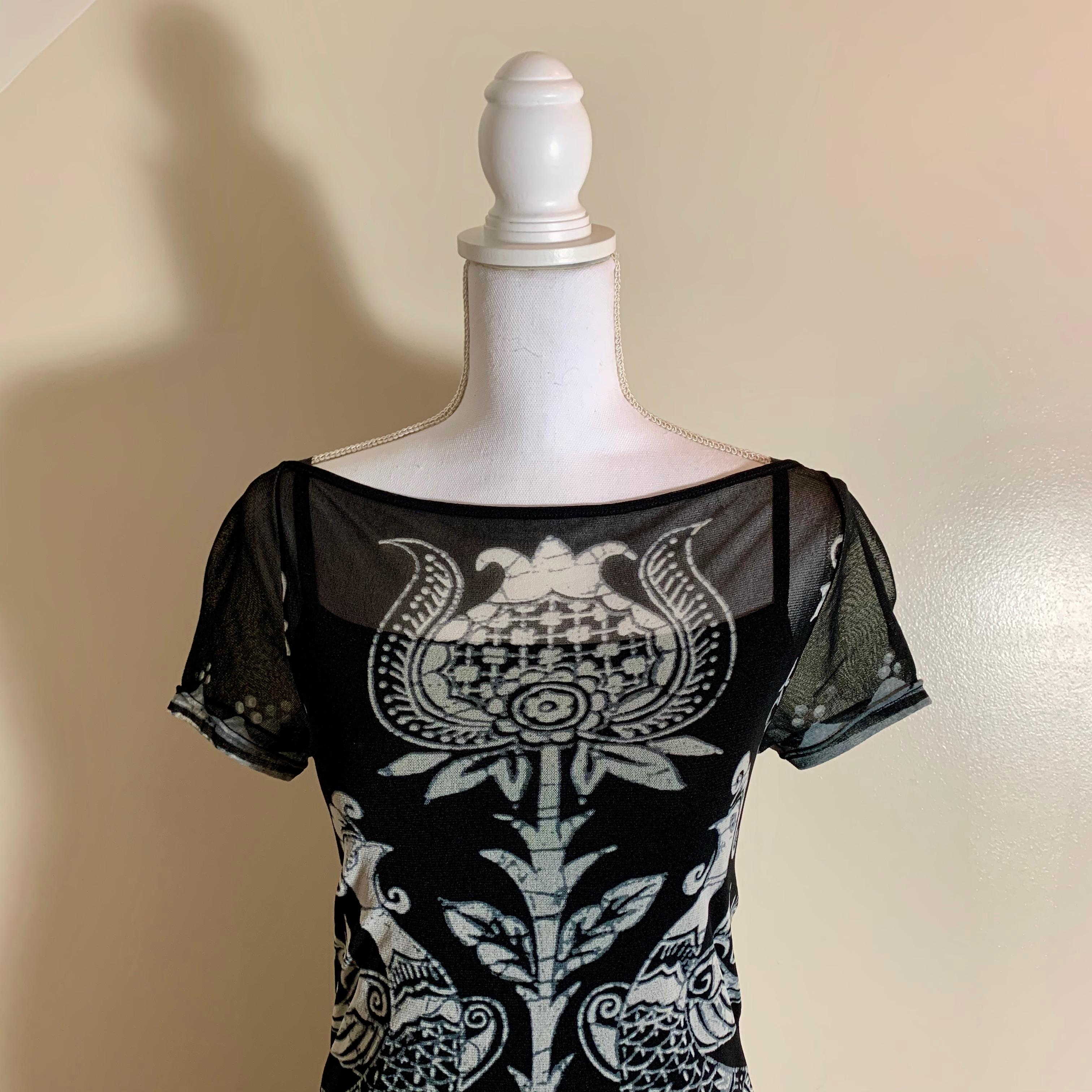 Hong Kong Vivienne Tam Vintage Black & White Floral Bird Print Dress with under Slip 1990s