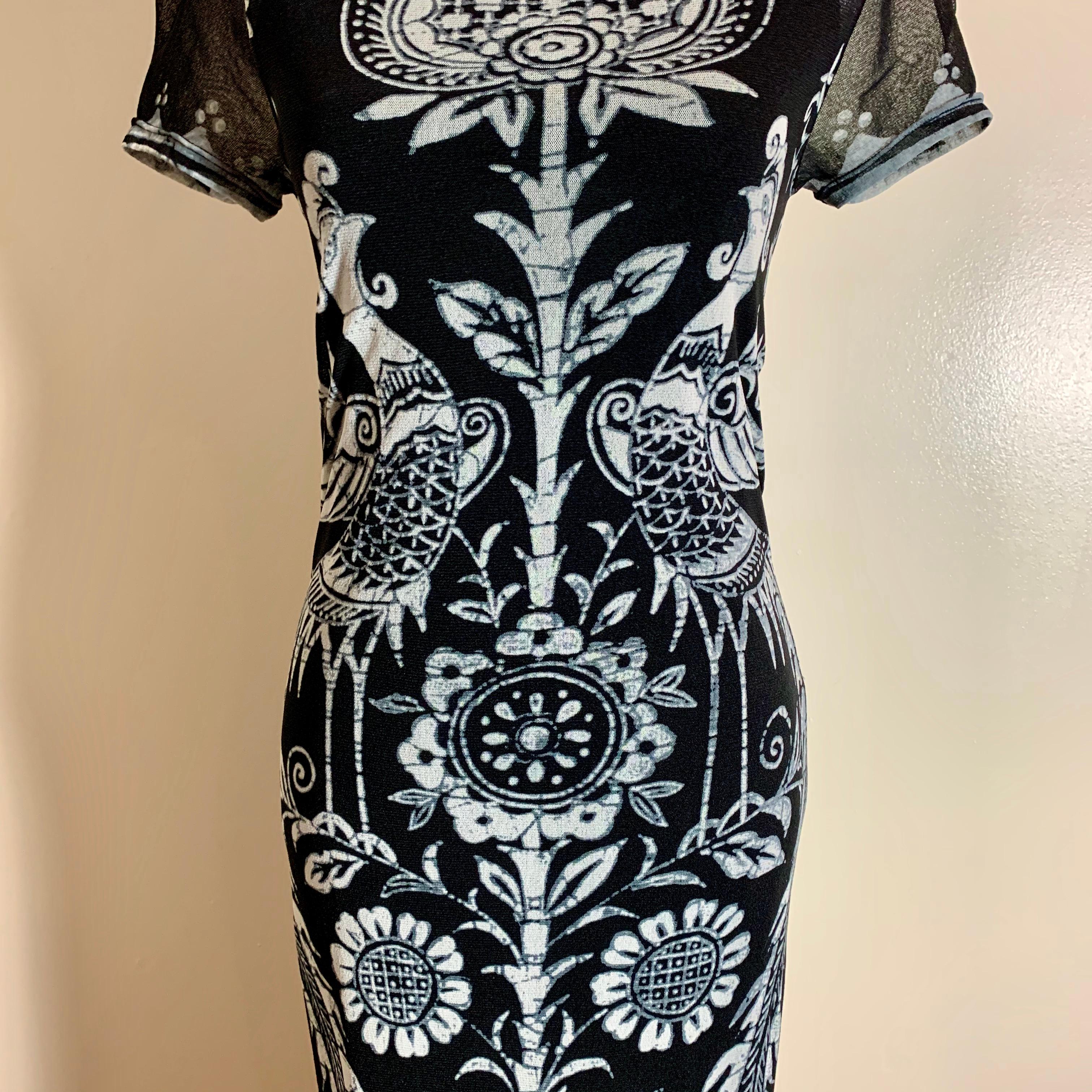 Vivienne Tam Vintage Black & White Floral Bird Print Dress with under Slip 1990s In Excellent Condition For Sale In Philadelphia, PA