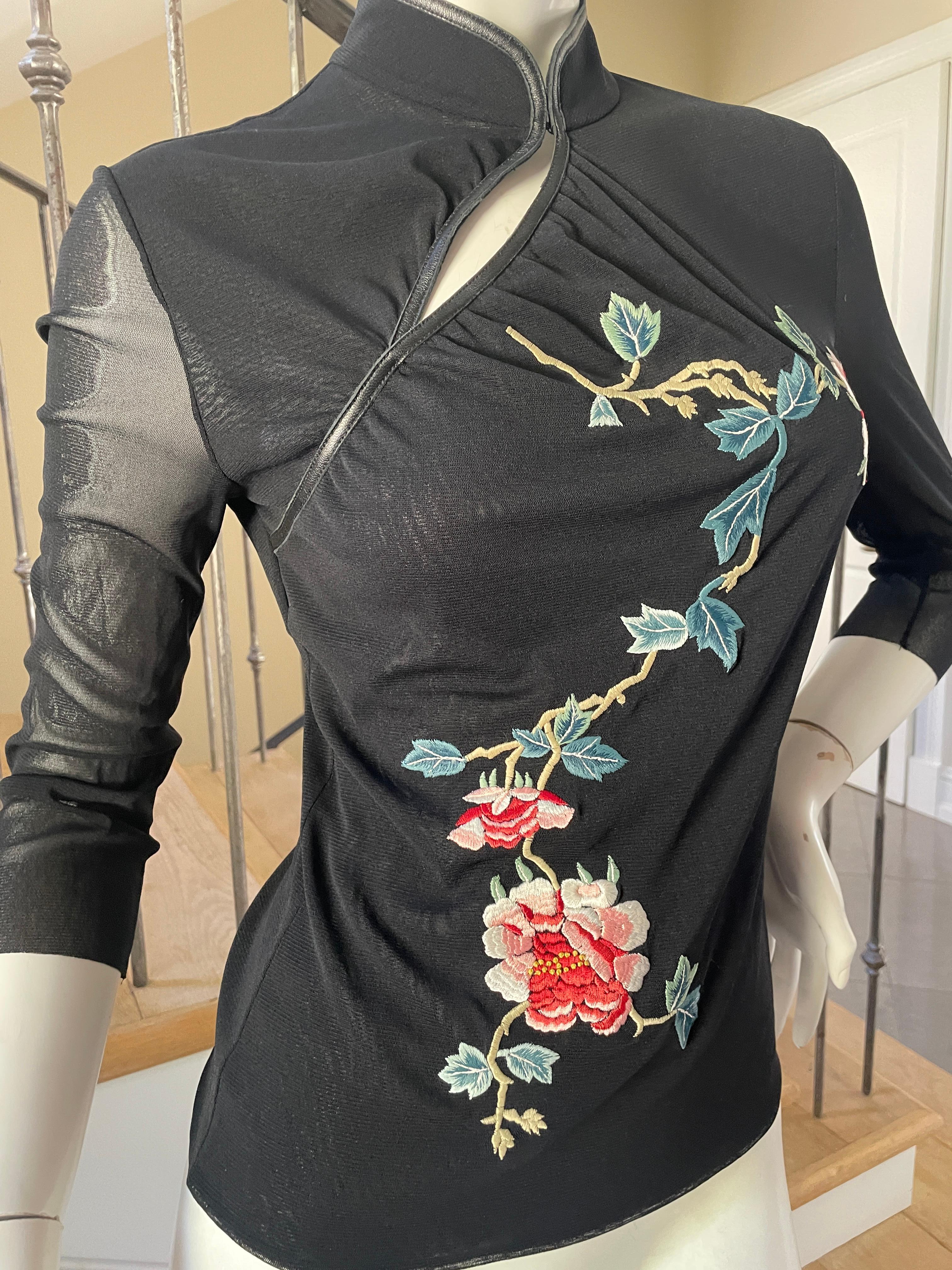 Women's Vivienne Tam Vintage Cheongsam Style Black Top with Embroidered Flowers For Sale