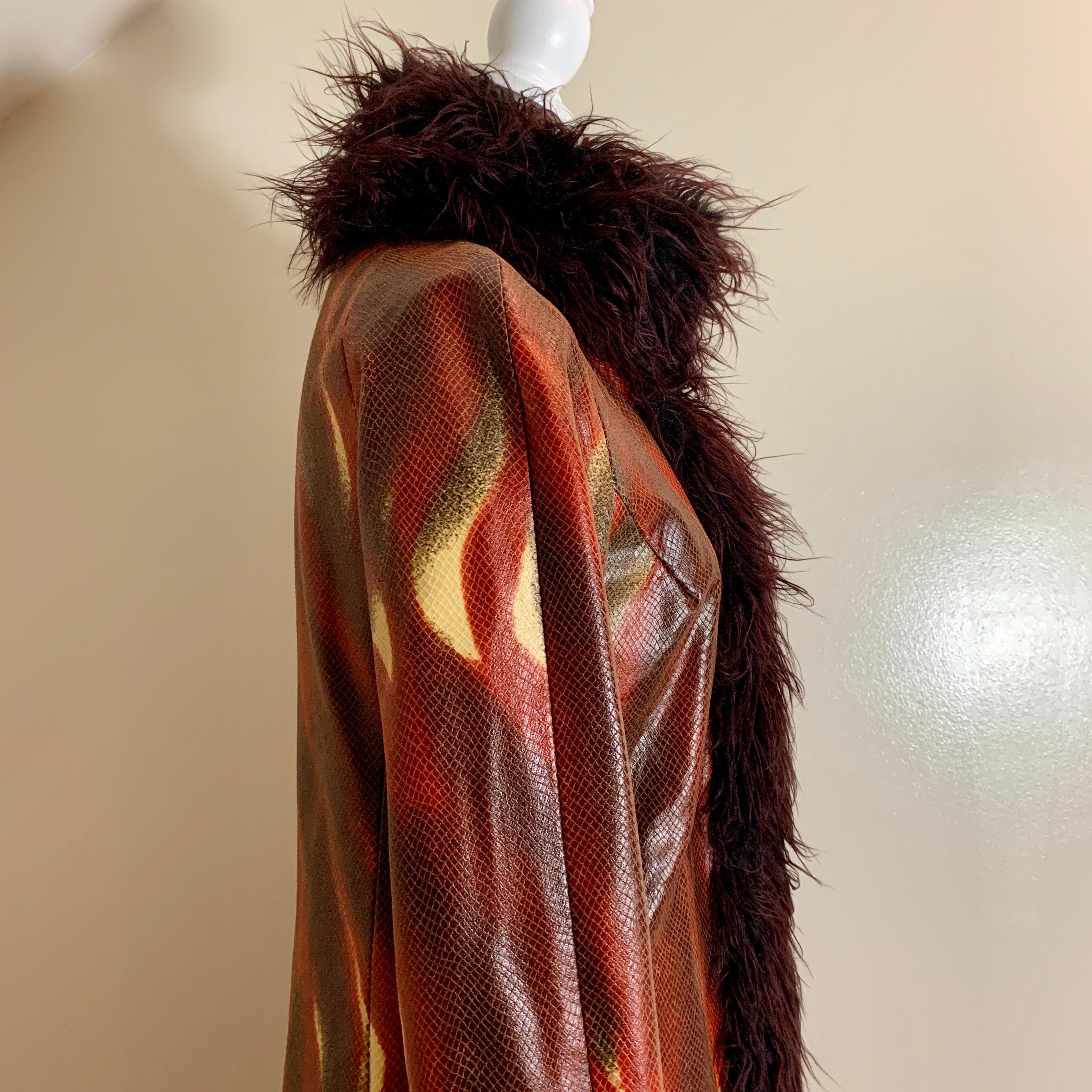 Vivienne Tam Vintage Flame Print Faux Snakeskin & Faux Fur Long Coat, 1990s 1