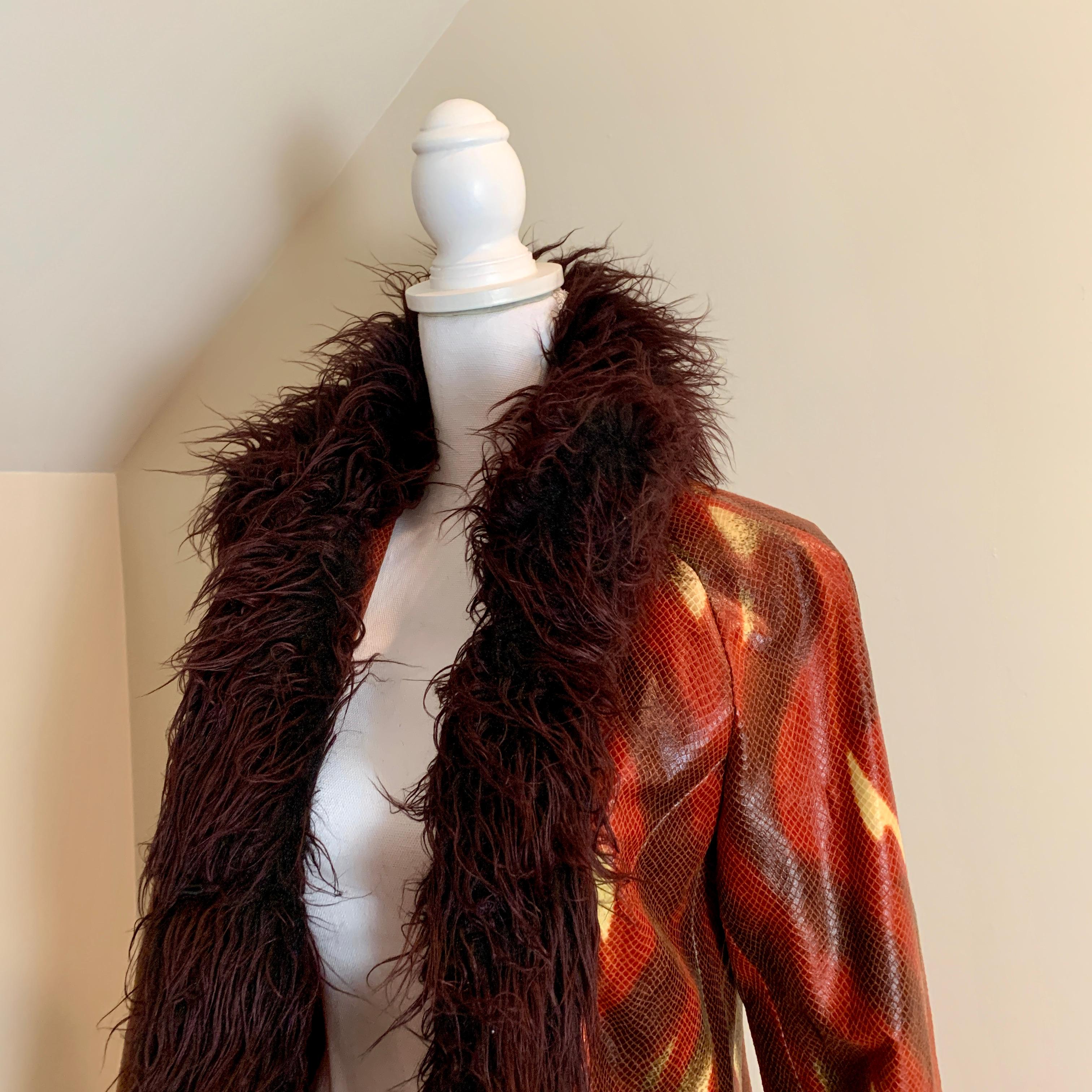 International Style Vivienne Tam Vintage Flame Print Faux Snakeskin & Faux Fur Long Coat, 1990s