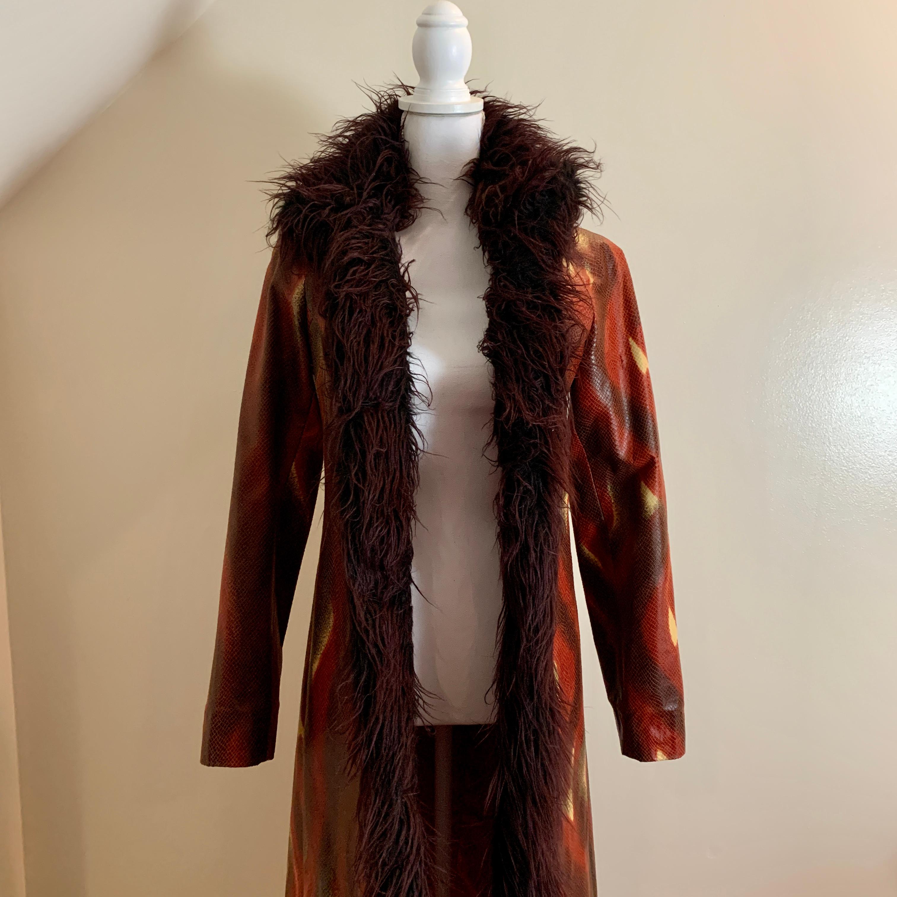 Dyed Vivienne Tam Vintage Flame Print Faux Snakeskin & Faux Fur Long Coat, 1990s