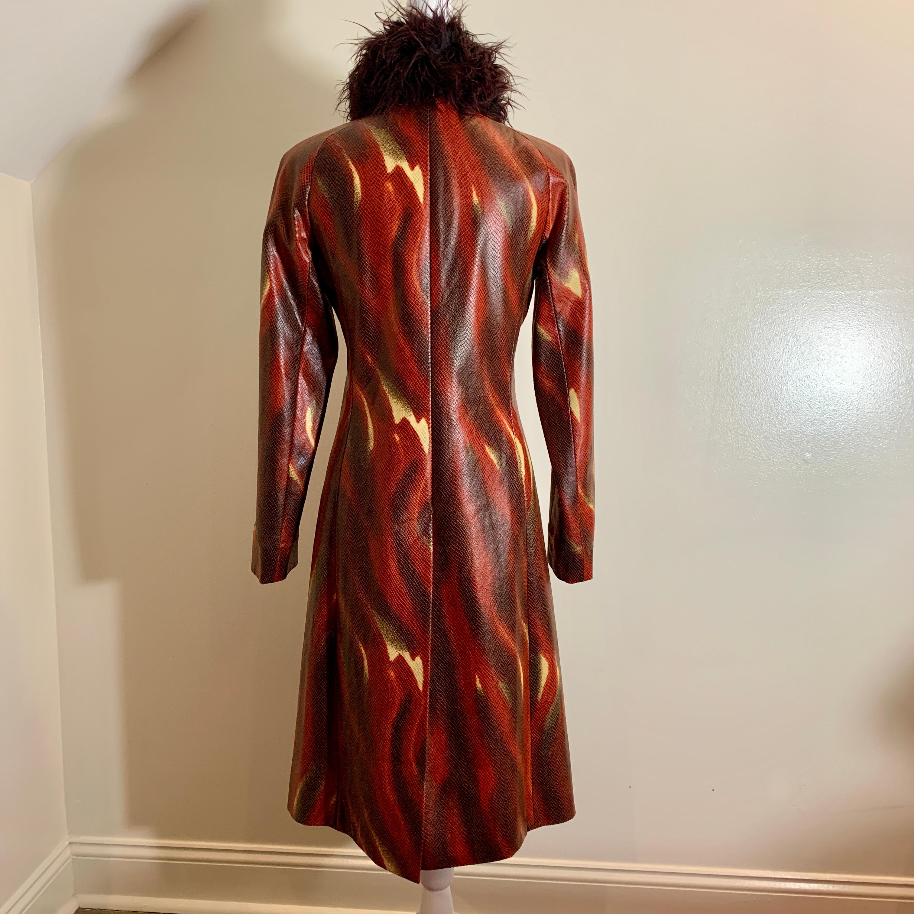 Vivienne Tam Vintage Flame Print Faux Snakeskin & Faux Fur Long Coat, 1990s In Good Condition In Philadelphia, PA