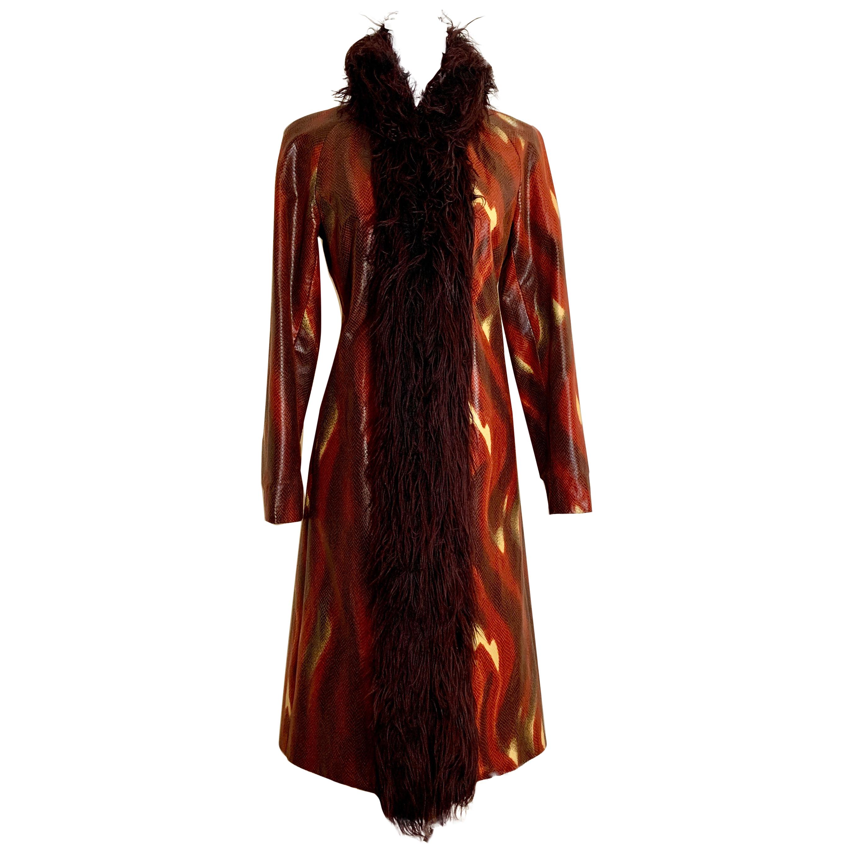 Vivienne Tam Vintage Flame Print Faux Snakeskin & Faux Fur Long Coat, 1990s