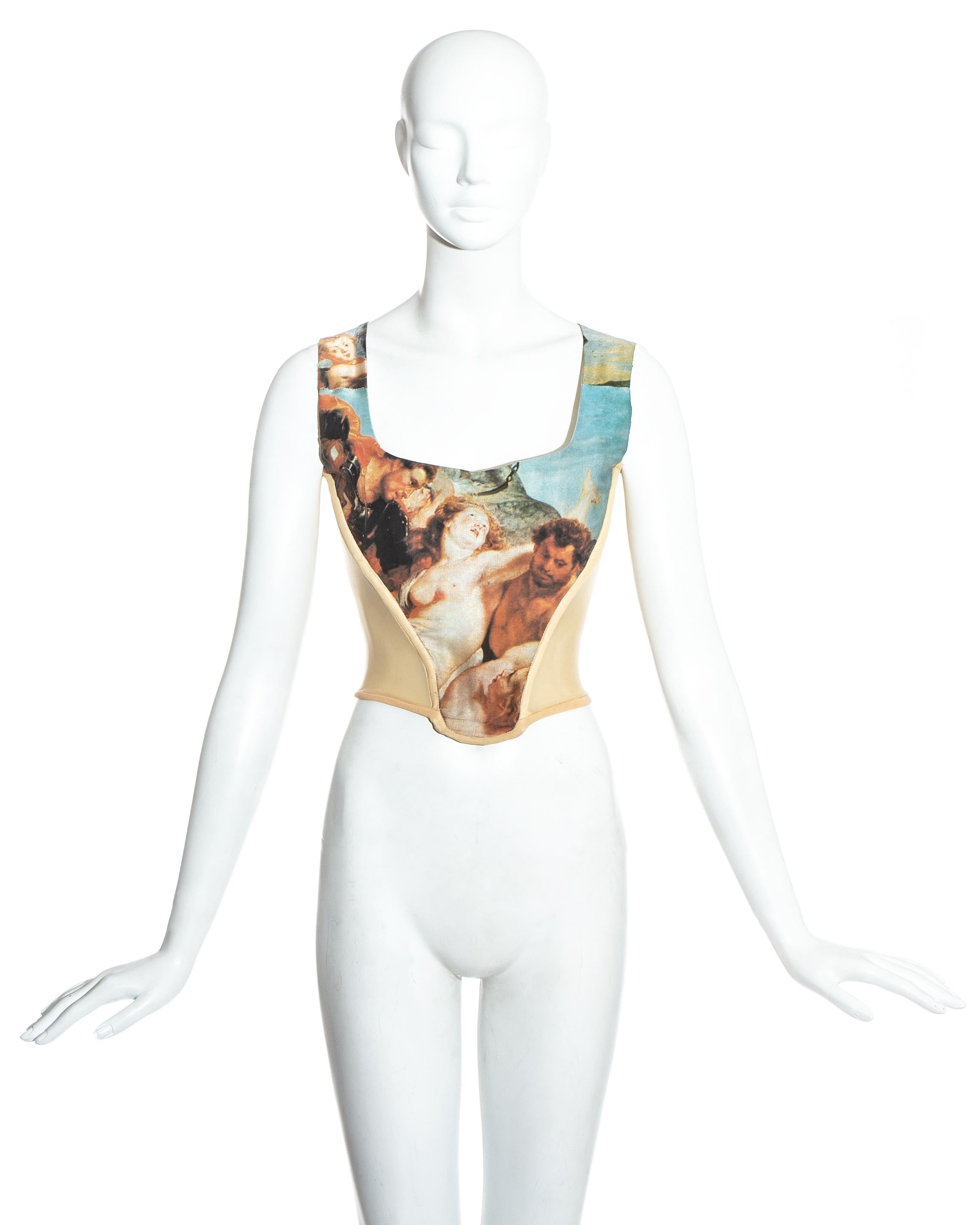 Vivienne Westwood; evening silk corset with 17th century Baroque painting print reproduced from the 'Rape of the Daughters of Leucippus' (1618) by Peter Paul Rubens.
Nude stretch Lycra side panels and internal boning - designed to cinch the waist