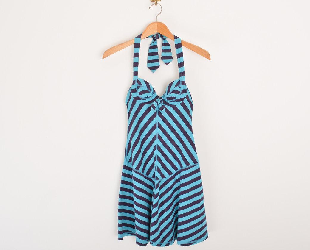 1990's blue & purple striped 'Pin-Up Girl' style Halter Neck mini dress by Vivienne Westwood, with exposed seams, Underwired Structured cups and bustier style tailoring.  
 
Features;
Halter neck
Large Orb embroidery (front bottom right hidden