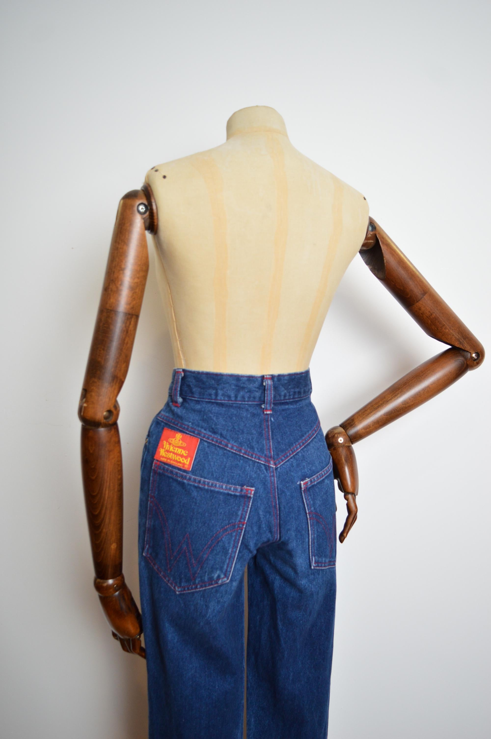 Vivienne Westwood 1990's Indigo Dark Blue High waisted denim jeans with Red Tab For Sale 8