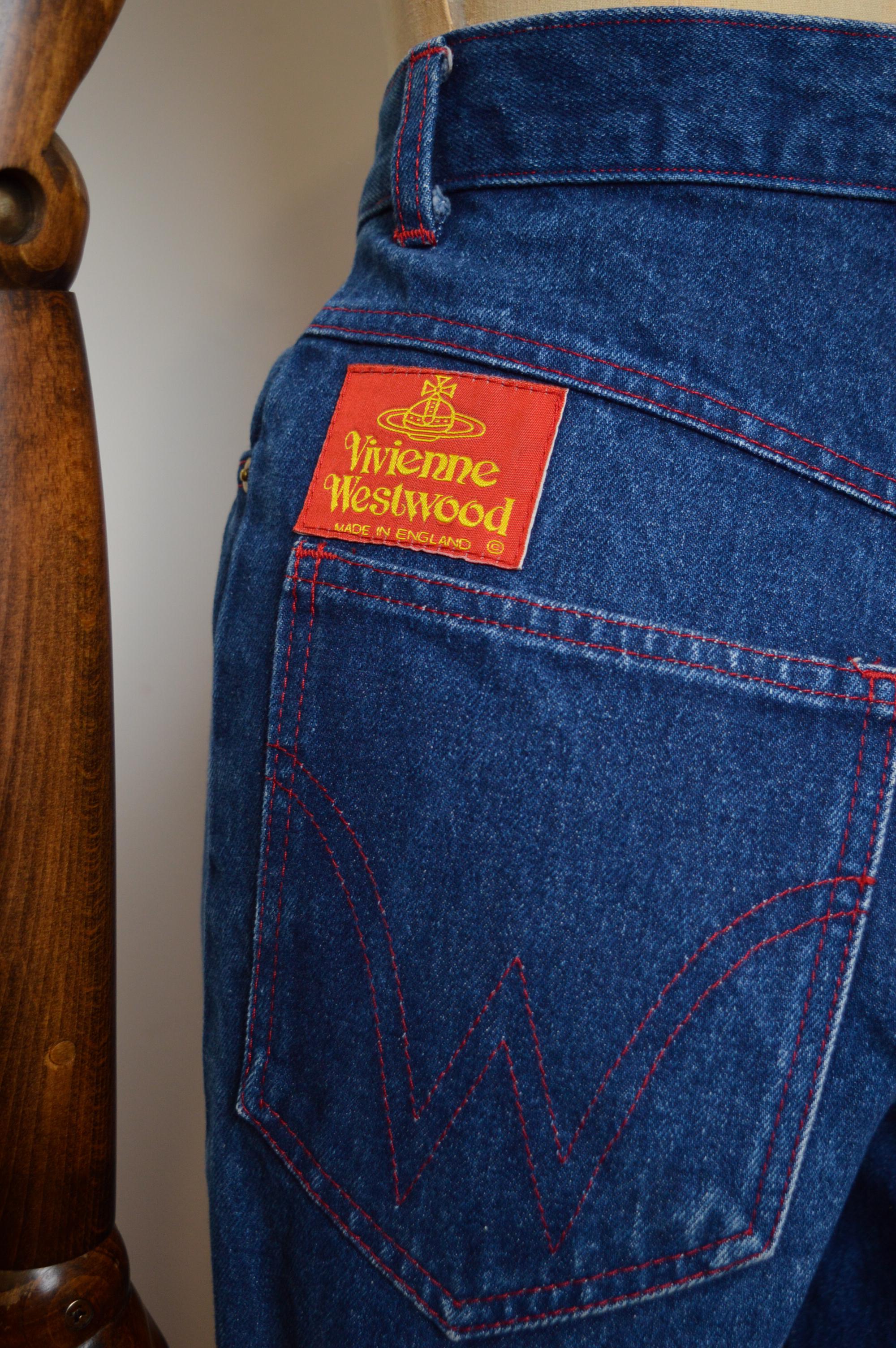 Vivienne Westwood 1990's Indigo Dark Blue High waisted denim jeans with Red Tab For Sale 9