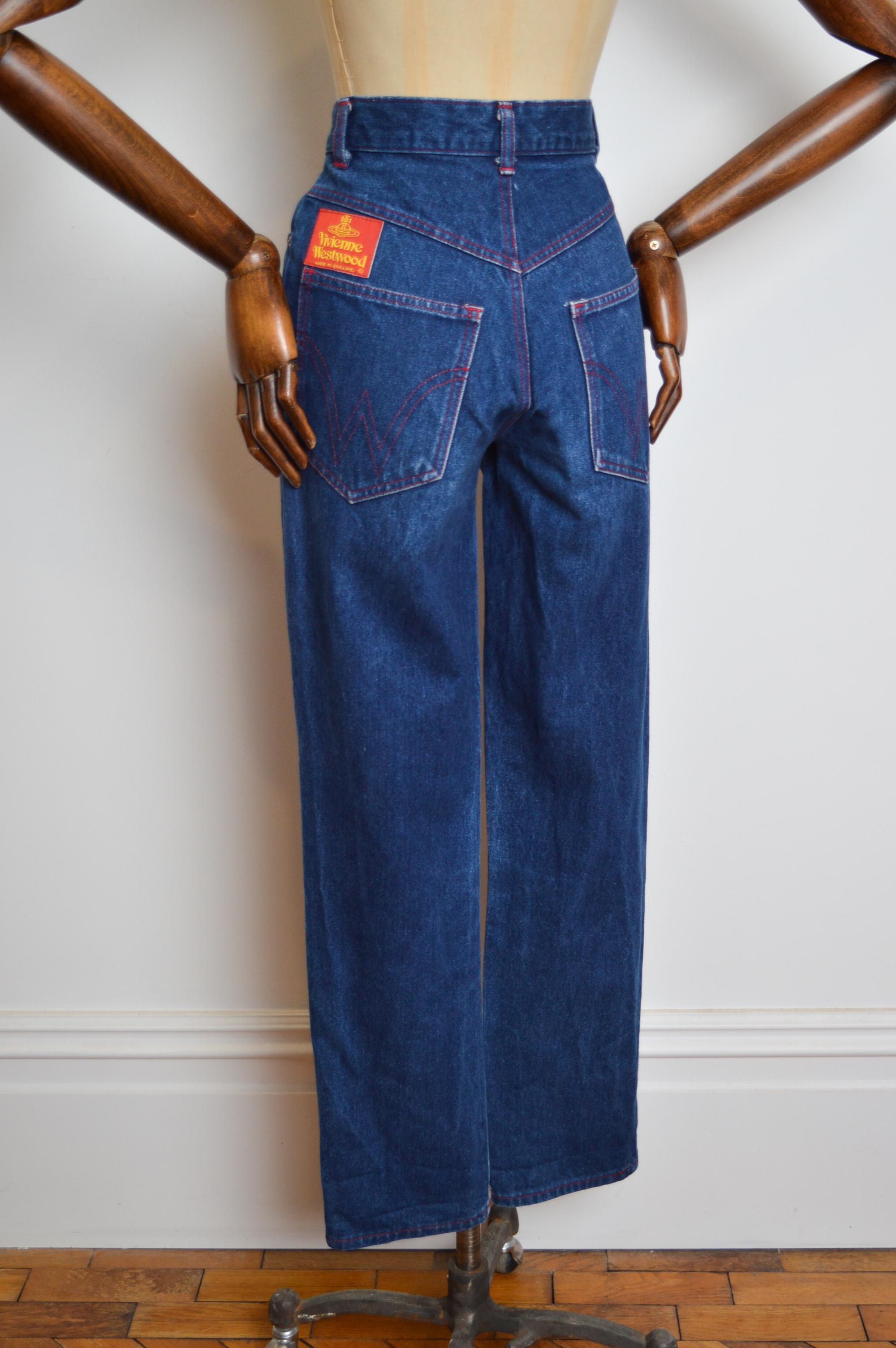 Vivienne Westwood 1990's Indigo Dark Blue High waisted denim jeans with Red Tab For Sale 10