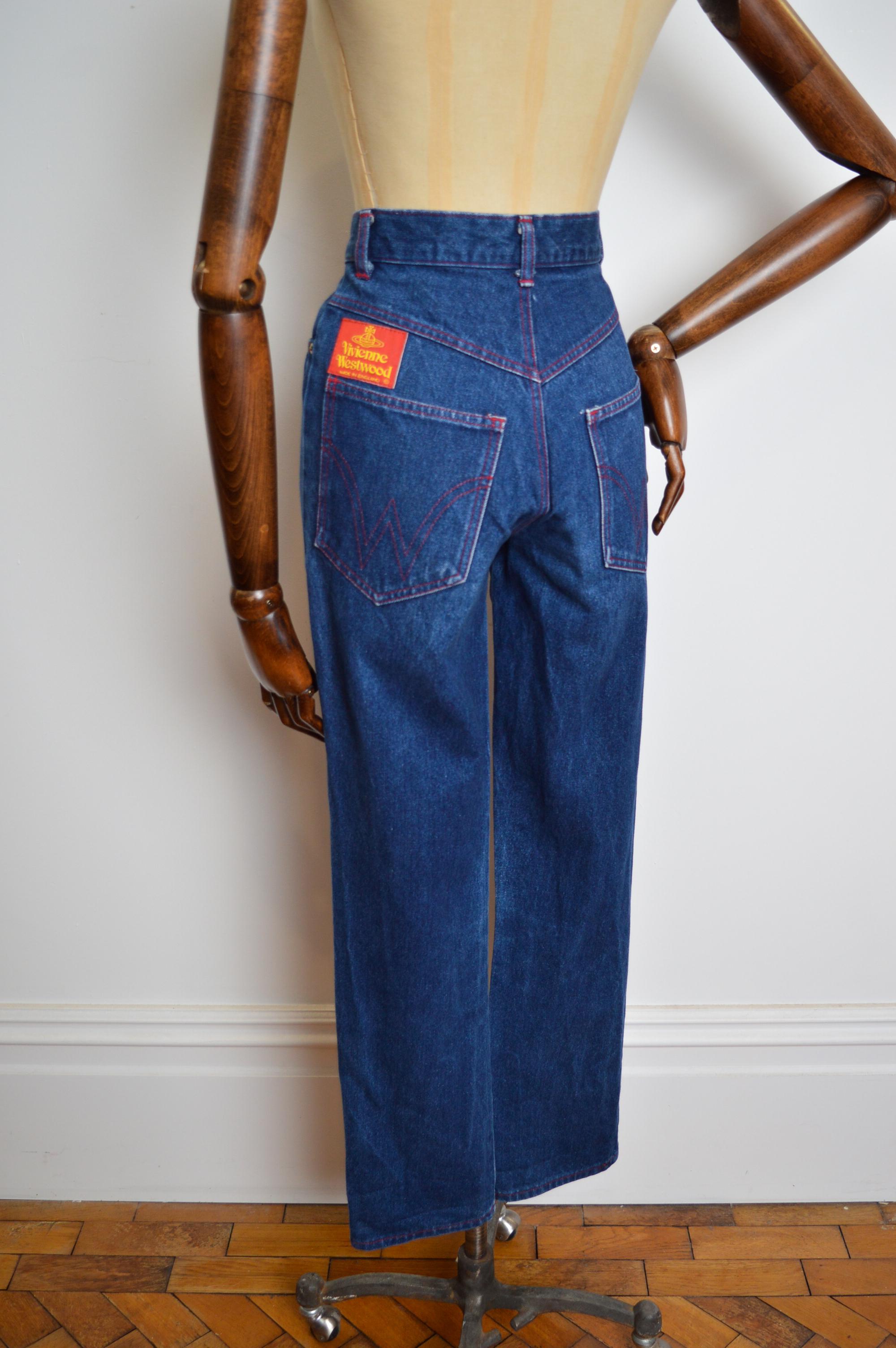 Purple Vivienne Westwood 1990's Indigo Dark Blue High waisted denim jeans with Red Tab For Sale