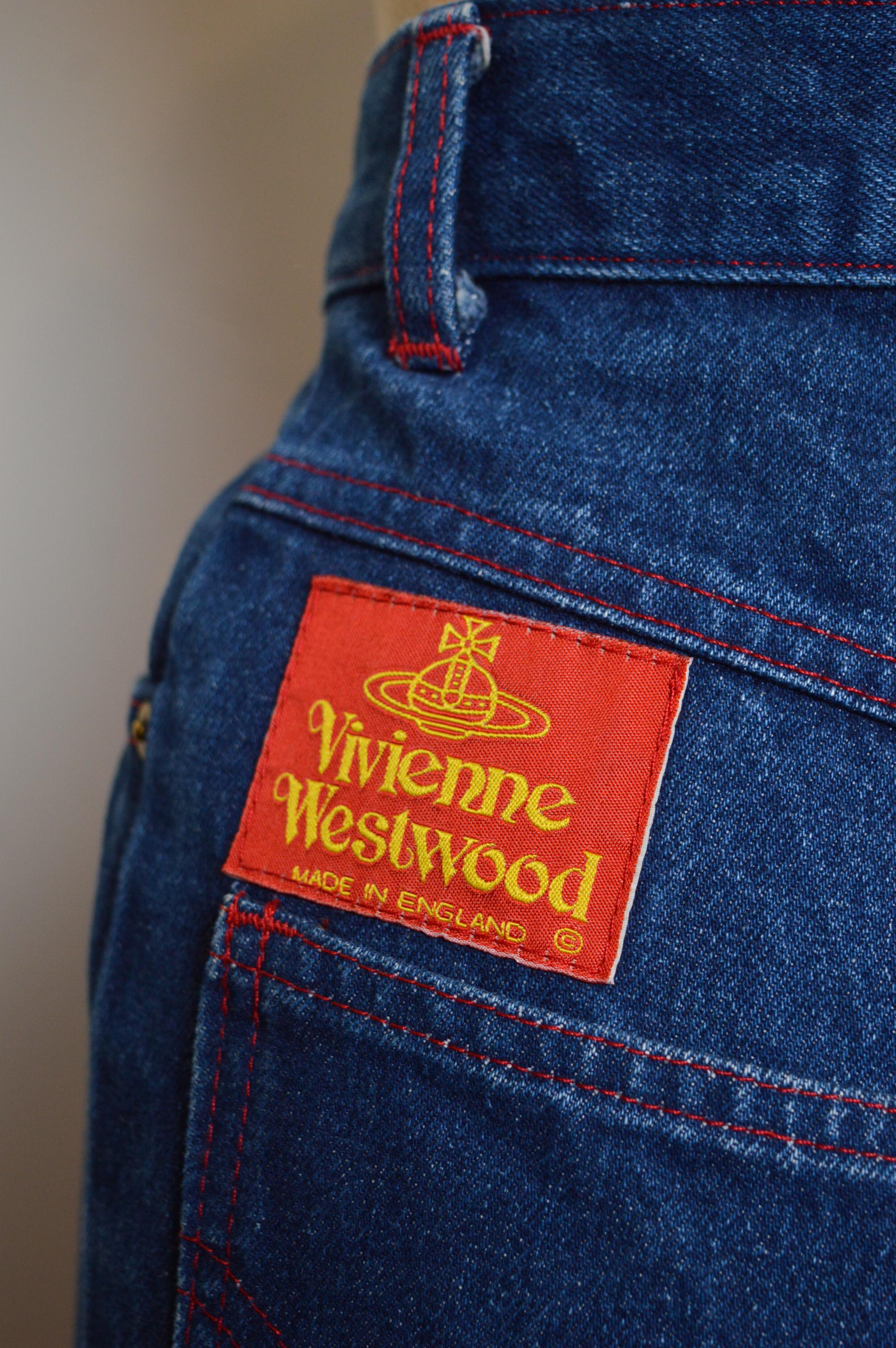Women's Vivienne Westwood 1990's Indigo Dark Blue High waisted denim jeans with Red Tab For Sale