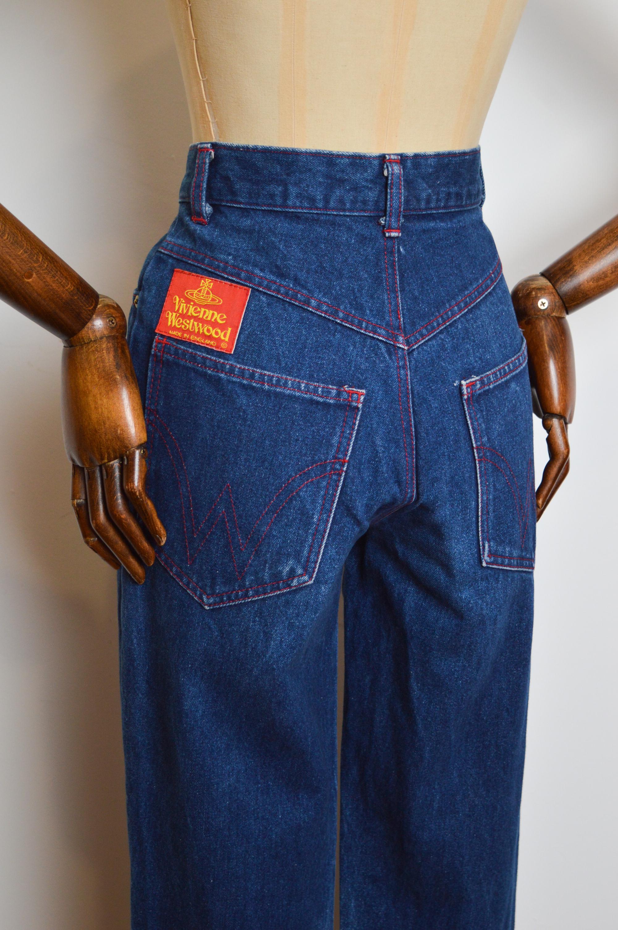 Vivienne Westwood 1990's Indigo Dark Blue High waisted denim jeans with Red Tab For Sale 2