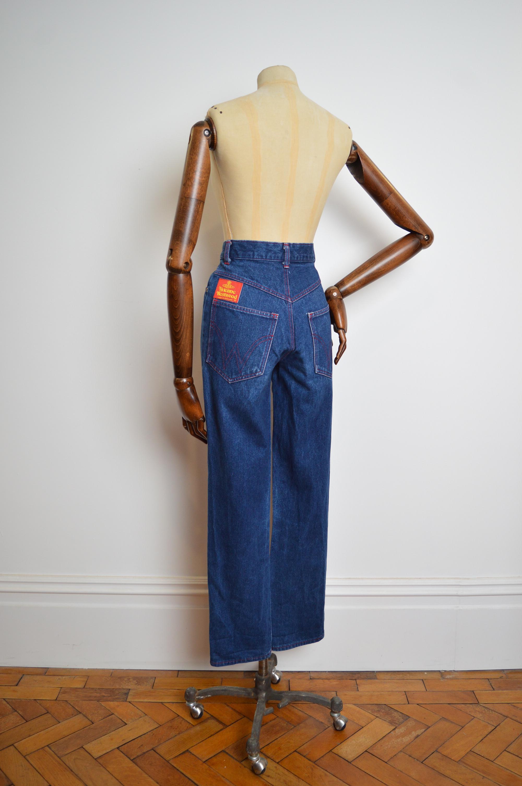 Vivienne Westwood 1990's Indigo Dark Blue High waisted denim jeans with Red Tab For Sale 4