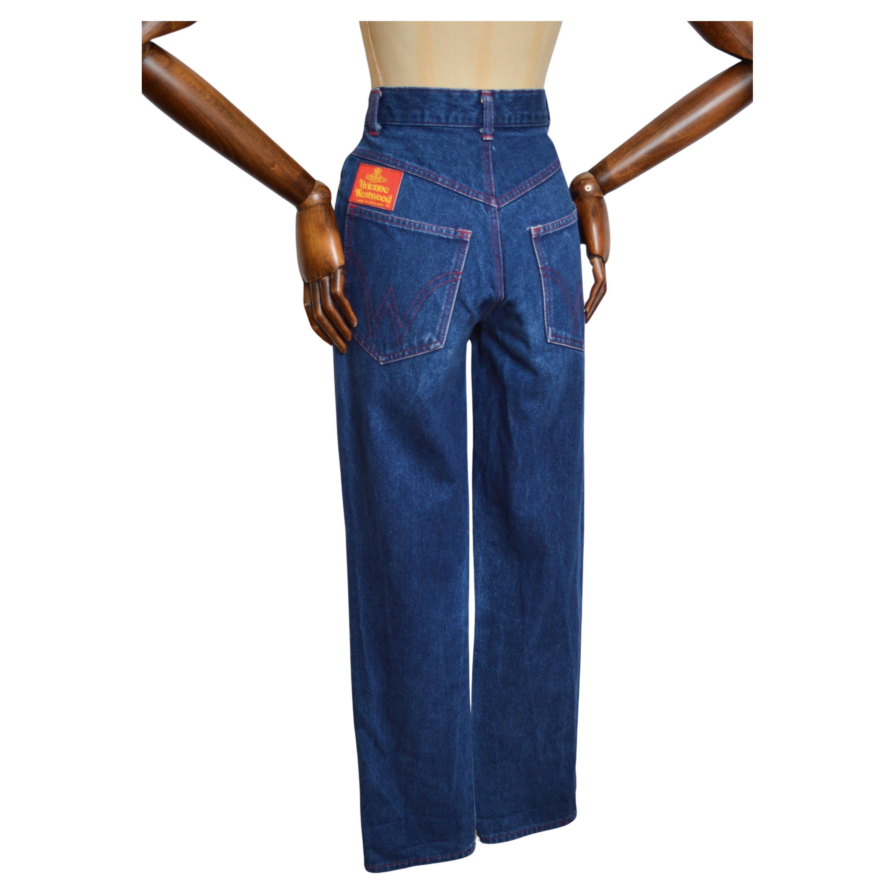 Vivienne Westwood 1990's Indigo Dark Blue High waisted denim jeans with Red Tab For Sale