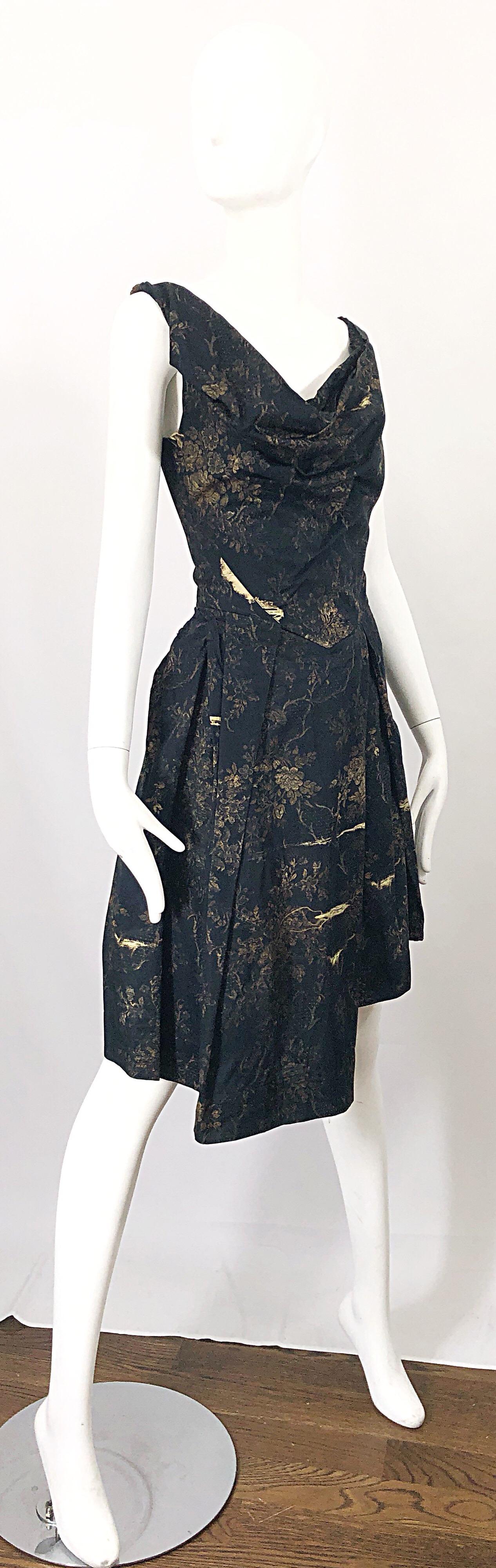 Vivienne Westwood 2000s Black + Brown Flower Print Asymmetrical Cotton Dress In Excellent Condition In San Diego, CA