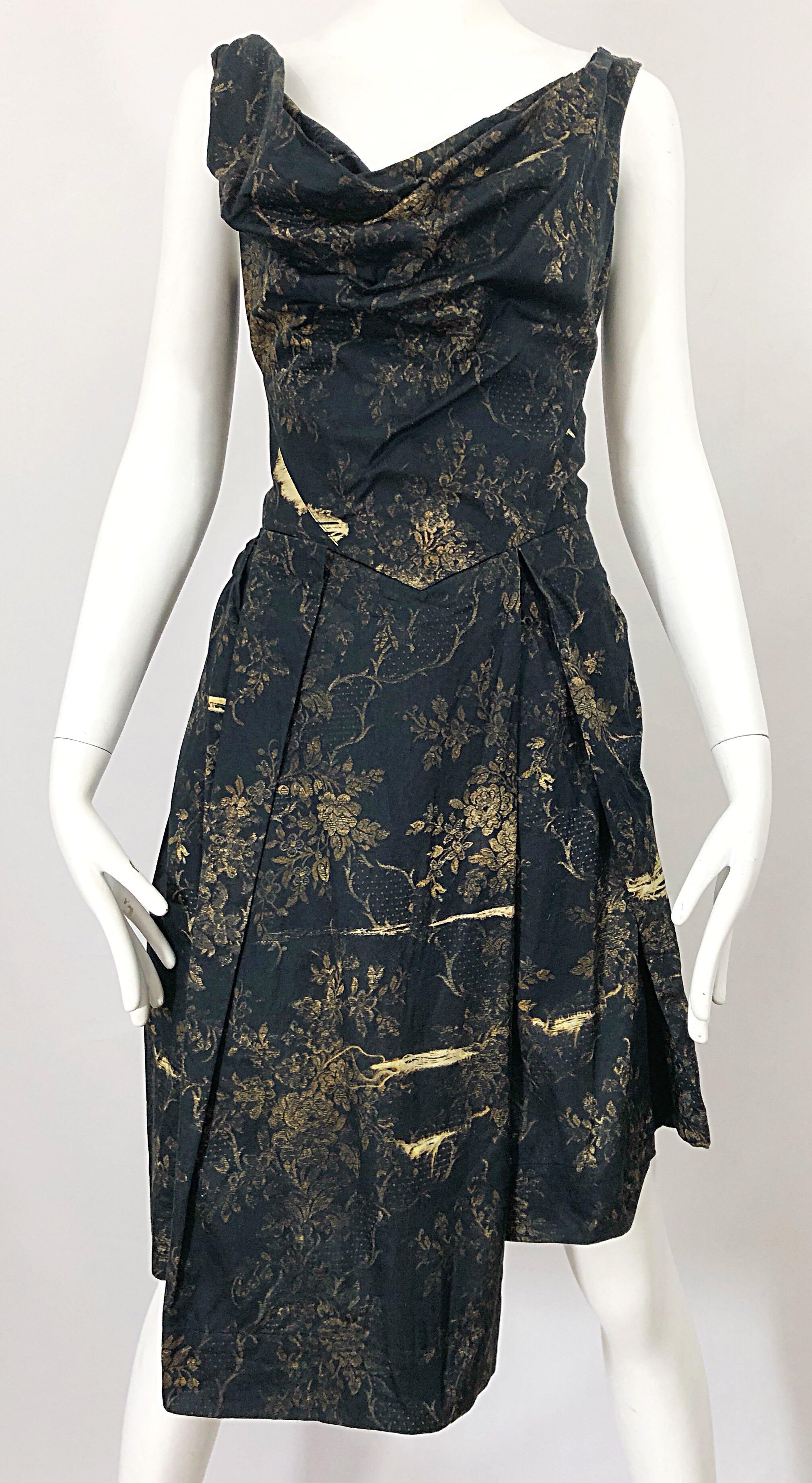 Vivienne Westwood 2000s Black + Brown Flower Print Asymmetrical Cotton Dress 1