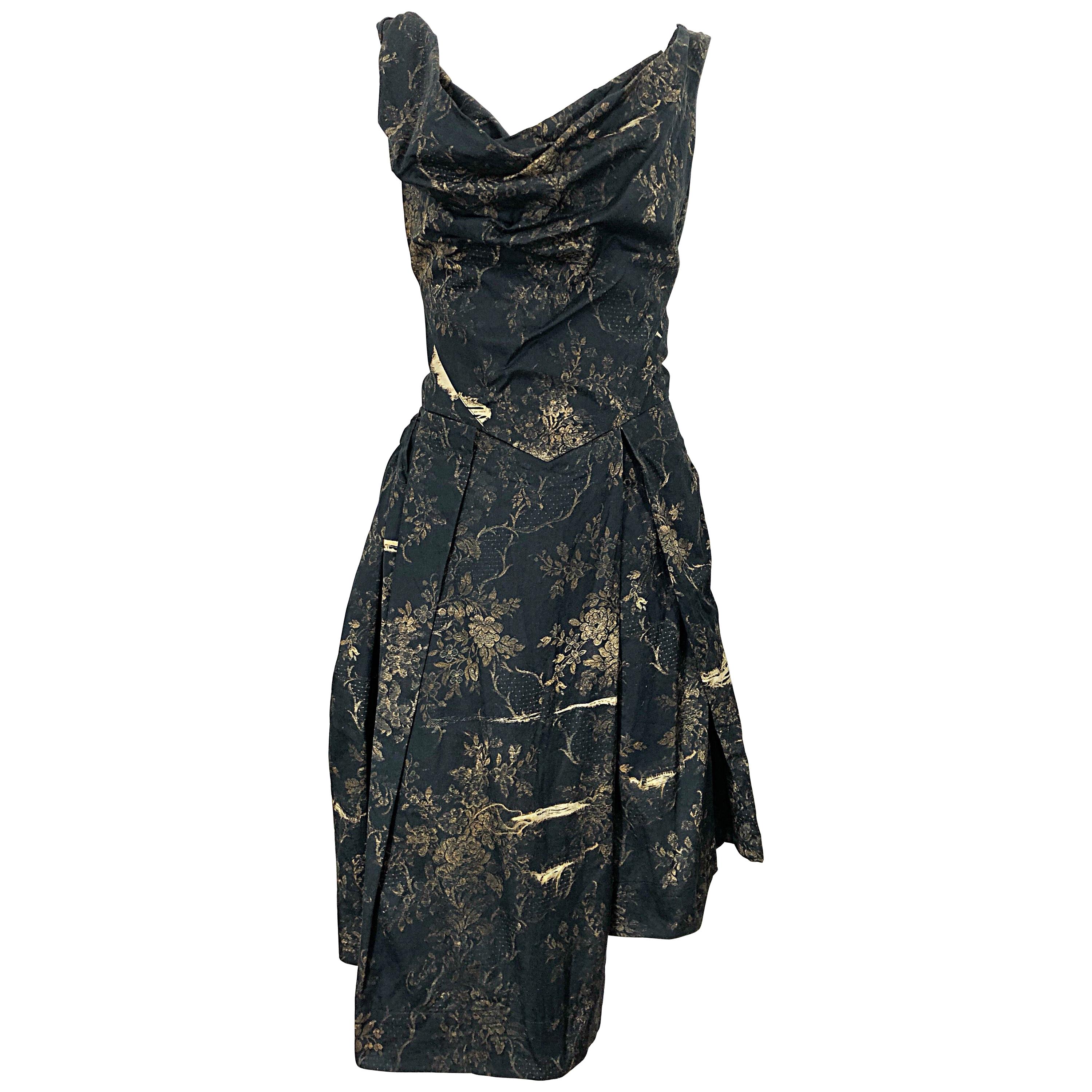 Vivienne Westwood 2000s Black + Brown Flower Print Asymmetrical Cotton Dress