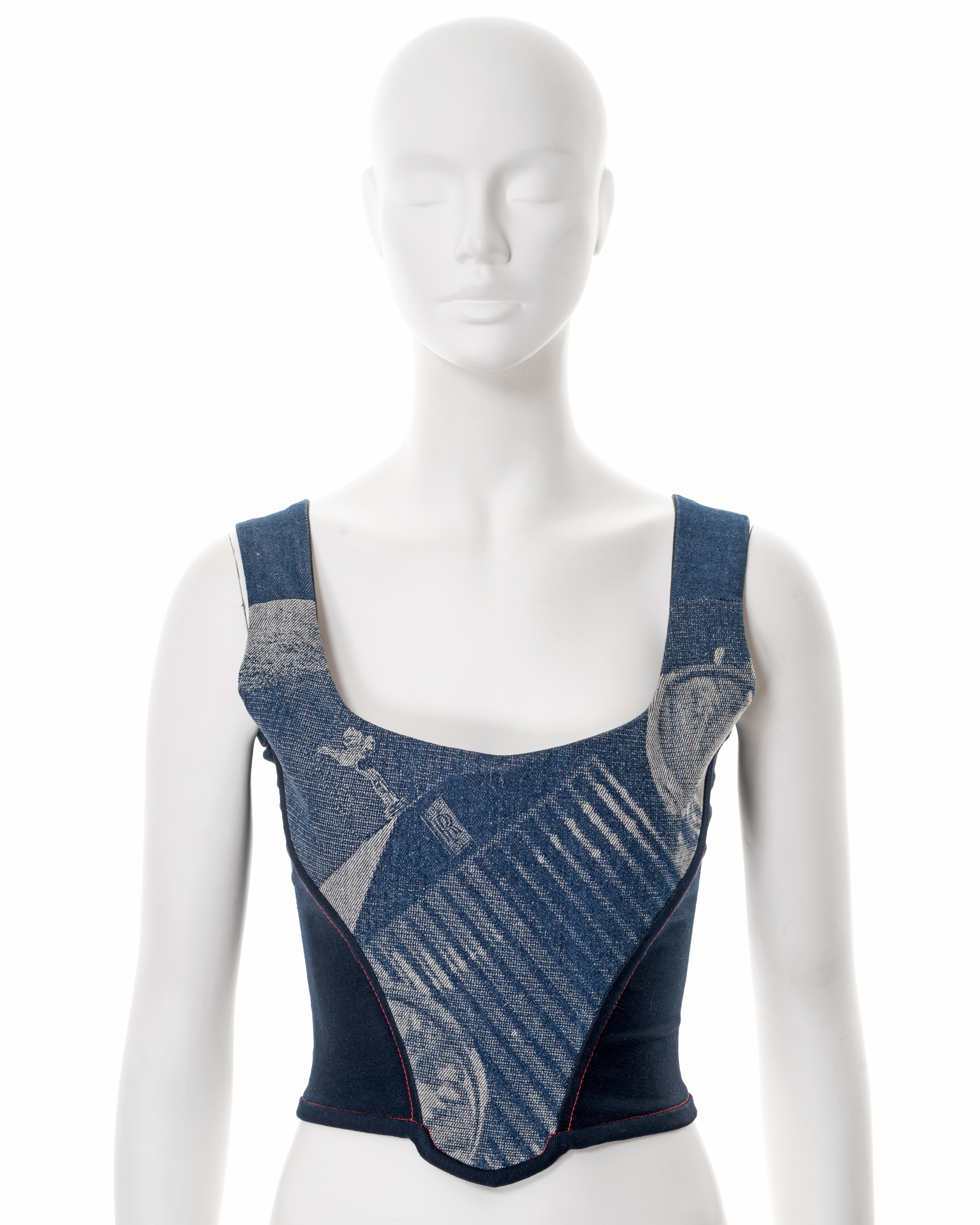 ▪ Vivienne Westwood 'Always on Camera' corset
▪ Fall-Winter 1992
▪ Constructed from printed blue denim featuring Marlene Dietrich's Rolls-Royce 
▪ Built-in boning produces a cinched waist and pronounced cleavage 
▪ Center-back zipper 
▪ Size UK 10 -