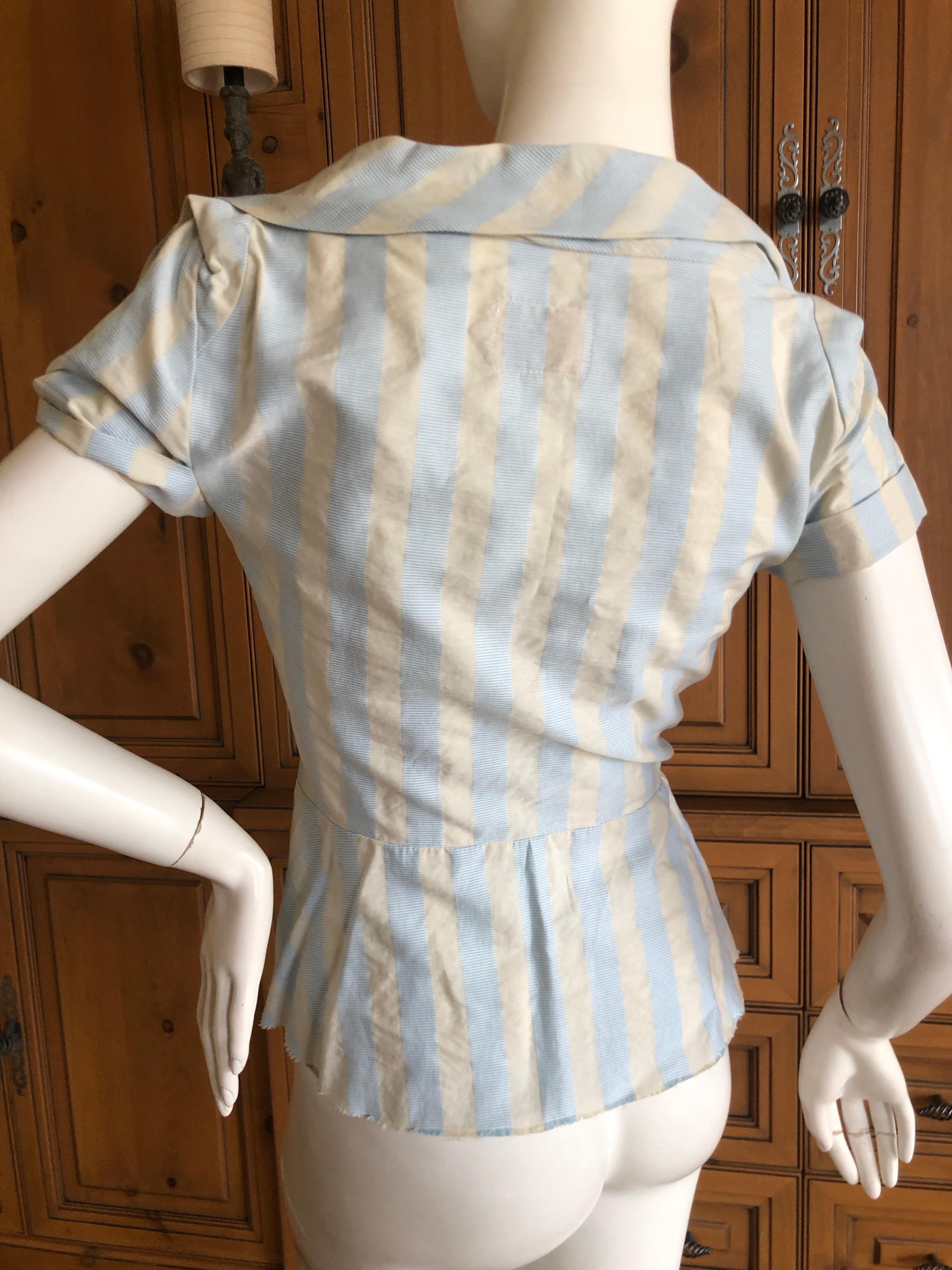 Vivienne Westwood Anglomania Blue Awning Stripe Low Cut Cotton Blouse In Excellent Condition In Cloverdale, CA