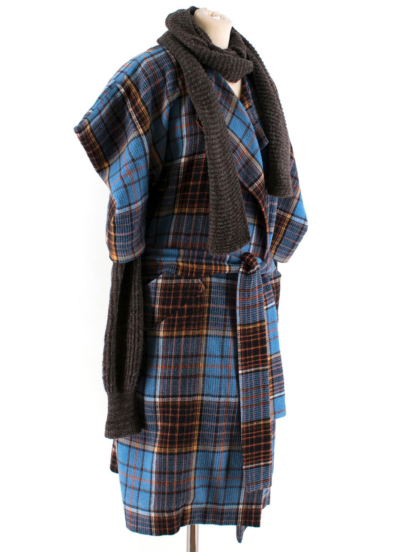 Vivienne Westwood Anglomania Dionysian tartan coat

- Blue, orange and black, recycled  wool-blend paid
- Attached ribbed-knit scarf-effect collar
- Short structured sleeves, long ribbed-knit sleeve under lay
- Welt pockets 
- Open front, matching