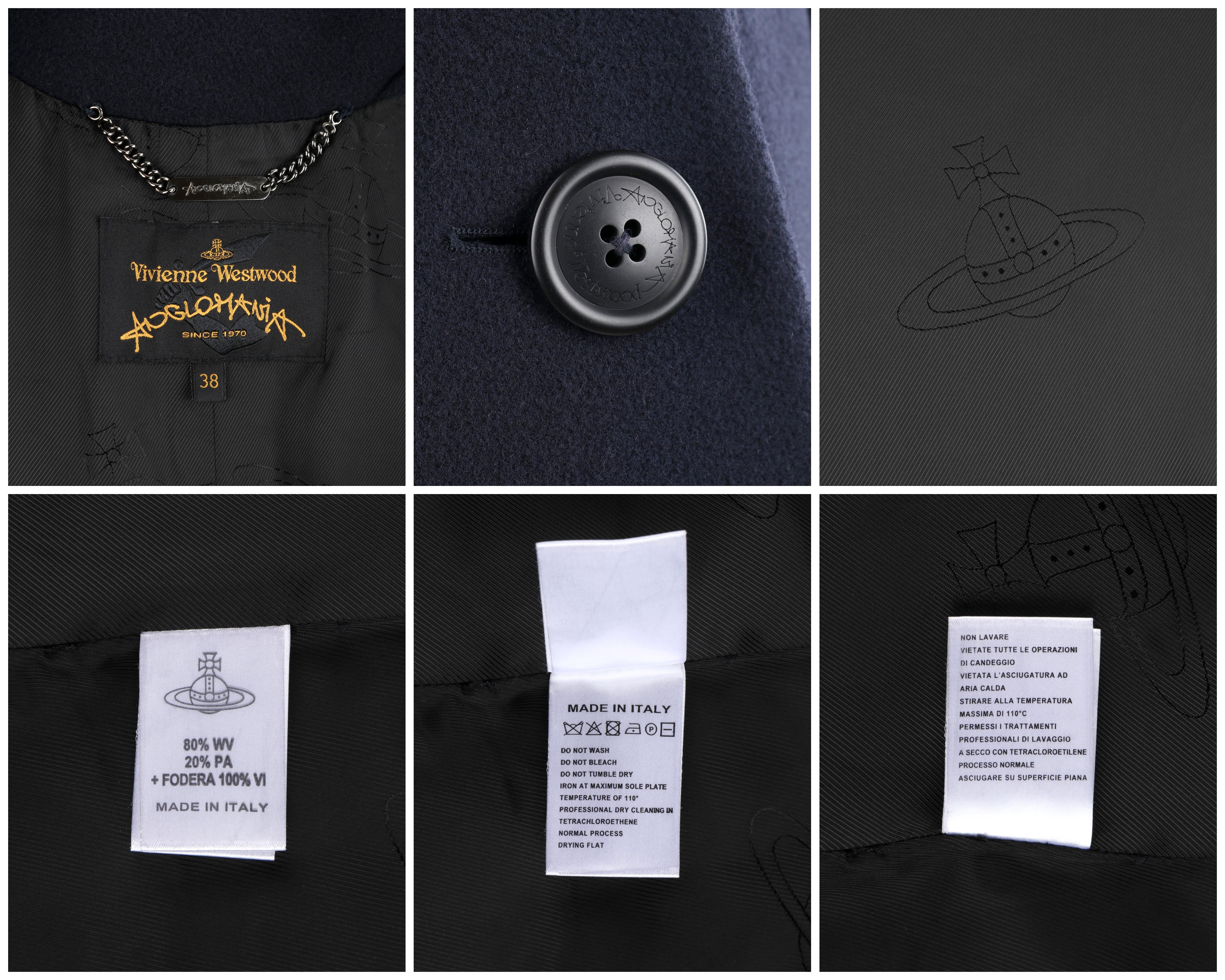 VIVIENNE WESTWOOD “Anglomania” Navy Blue Asymmetric Button Up Belted Coat Jacket In Good Condition In Thiensville, WI