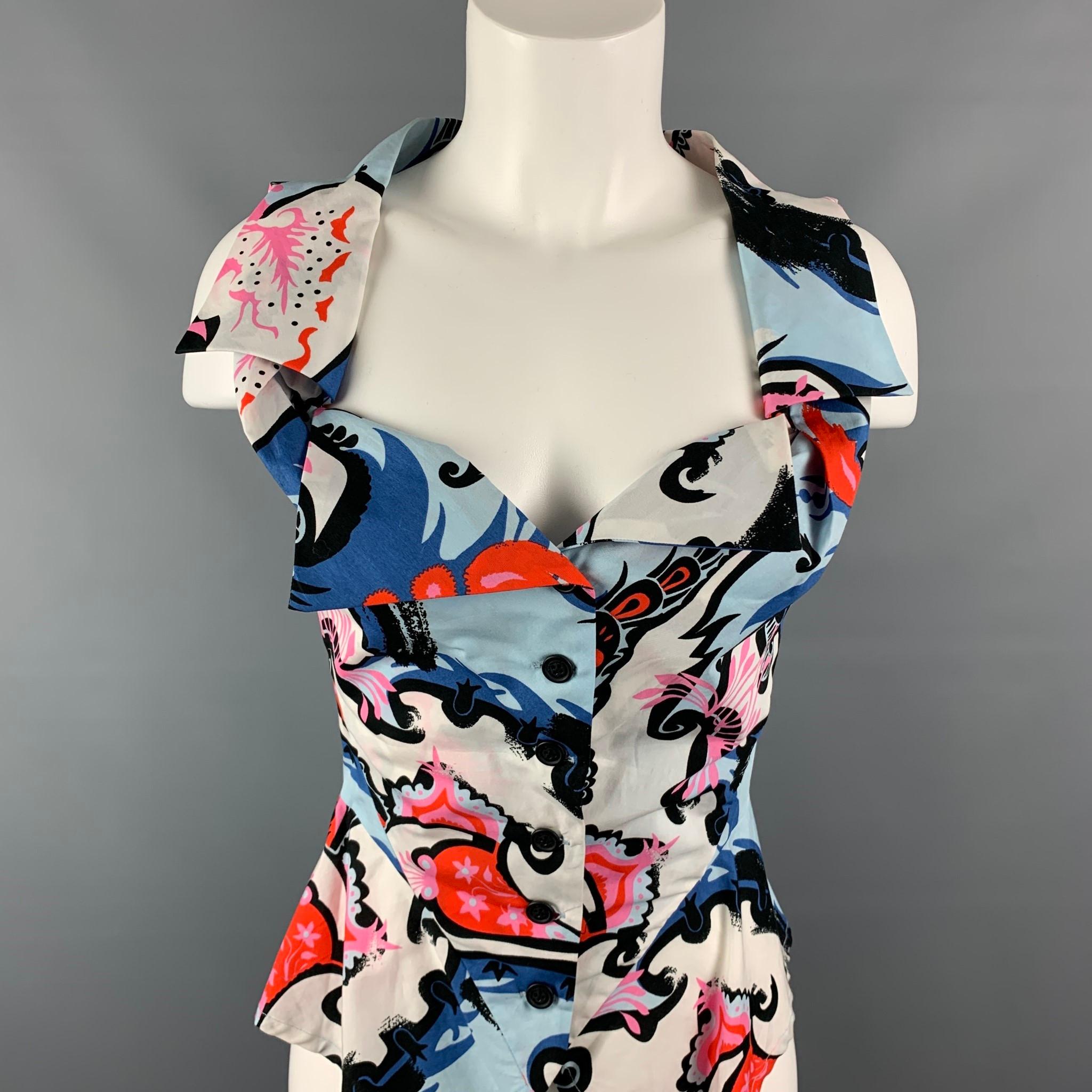 VIVIENNE WESTWOOD ANGLOMANIA blouse comes in a multi-color abstract cotton featuring peplum style, wide collar neck-line, and a buttoned closure. Made in Italy. 

Very Good Pre-Owned Condition.
Marked: 40

Measurements:

Shoulder: 14 in.
Bust: 30