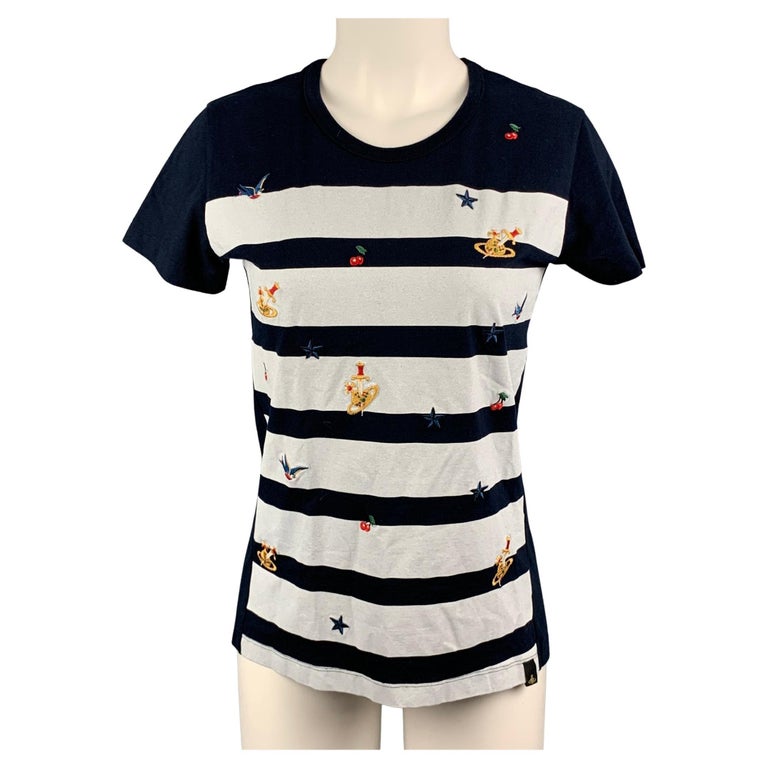 VIVIENNE WESTWOOD ANGLOMANIA Size S Navy&White Stripe Cotton Embroidered Shirt For Sale at 1stDibs