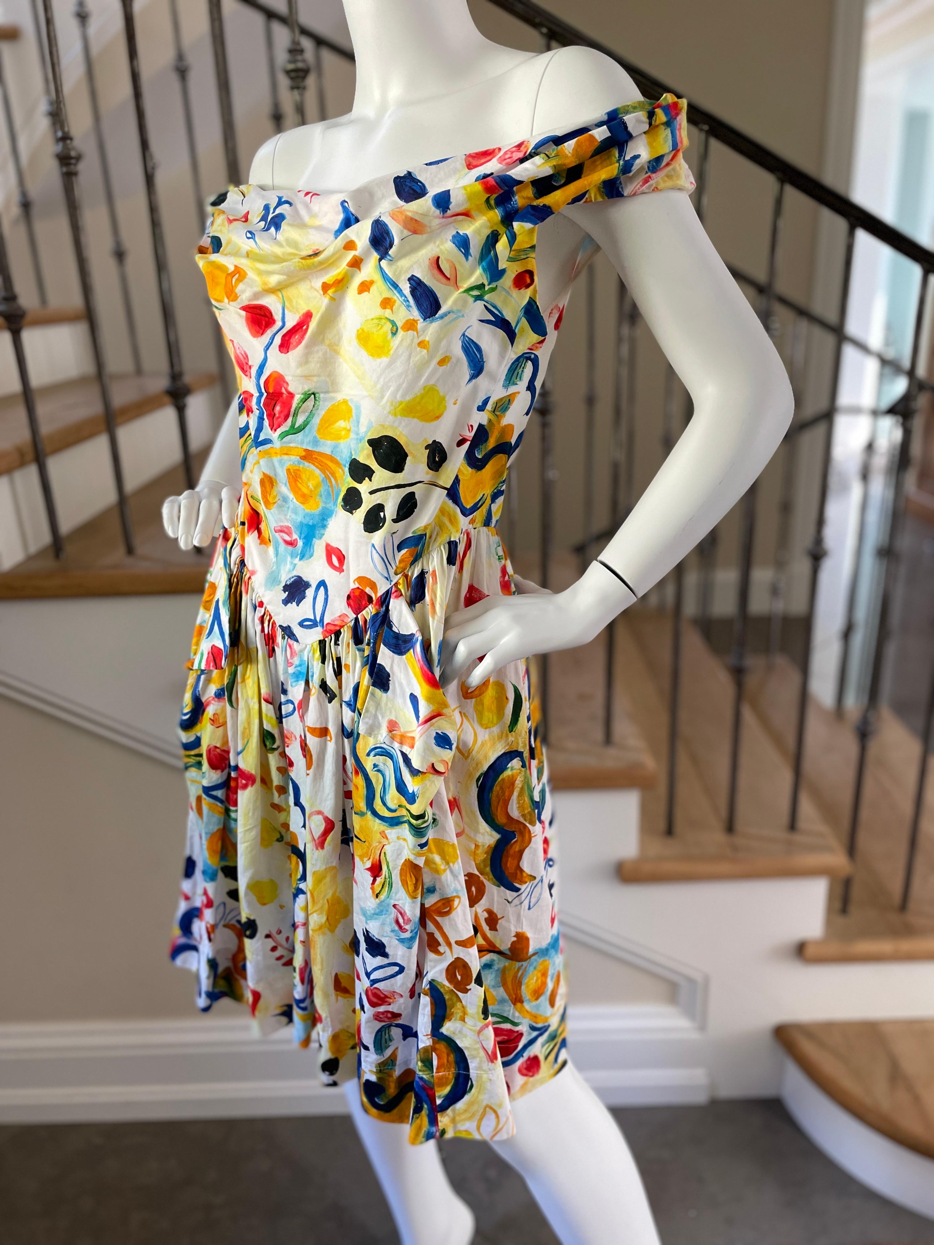 Beige Vivienne Westwood Anglomania Vintage Cotton Floral Off the Shoulder Dress For Sale