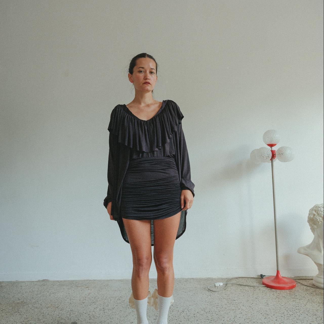 Vivienne Westwood Archival 1980s Vintage Black Ruched Mini Skirt Set XS For Sale 4