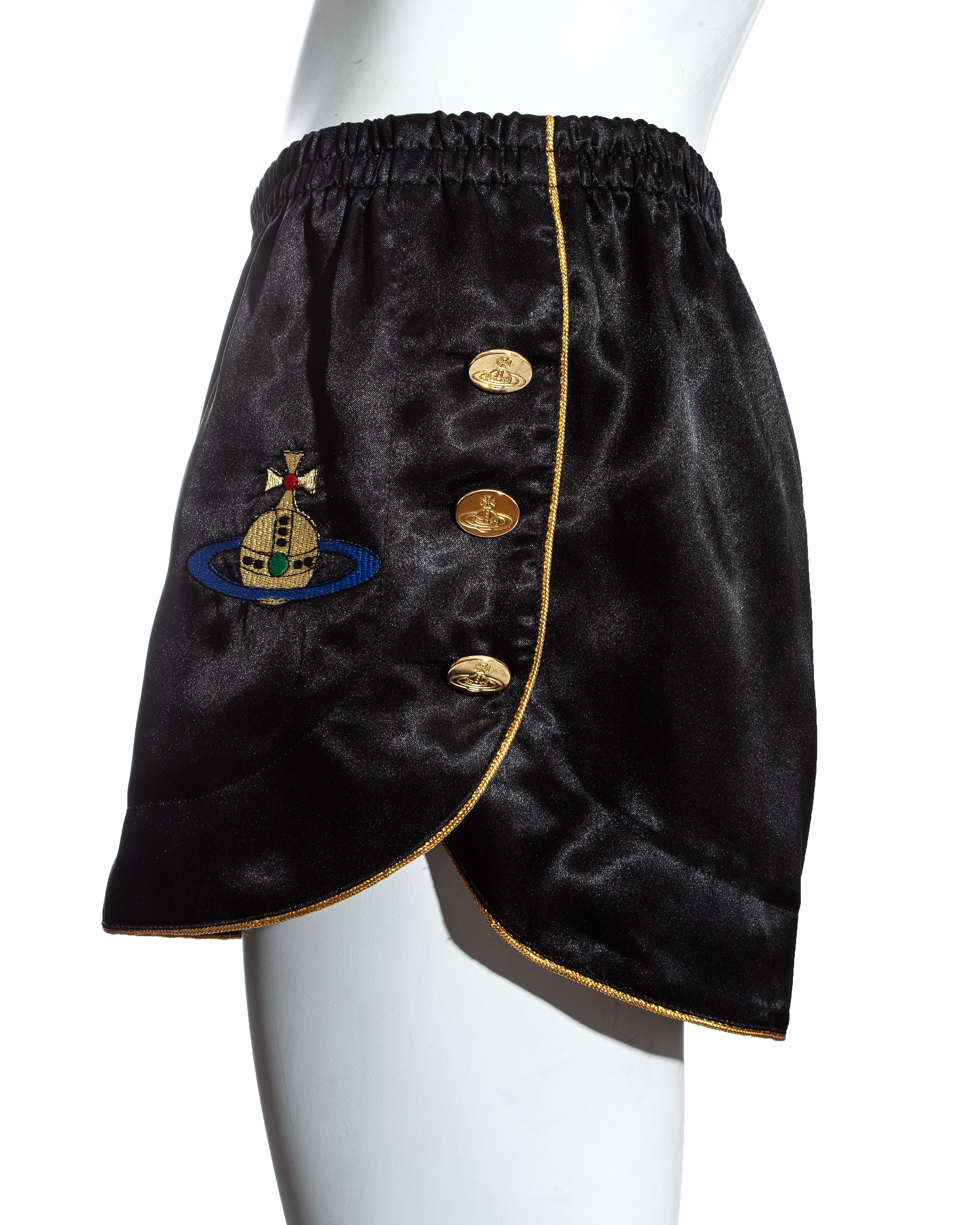 Black Vivienne Westwood black and gold embroidered satin mini shorts, ss 1993
