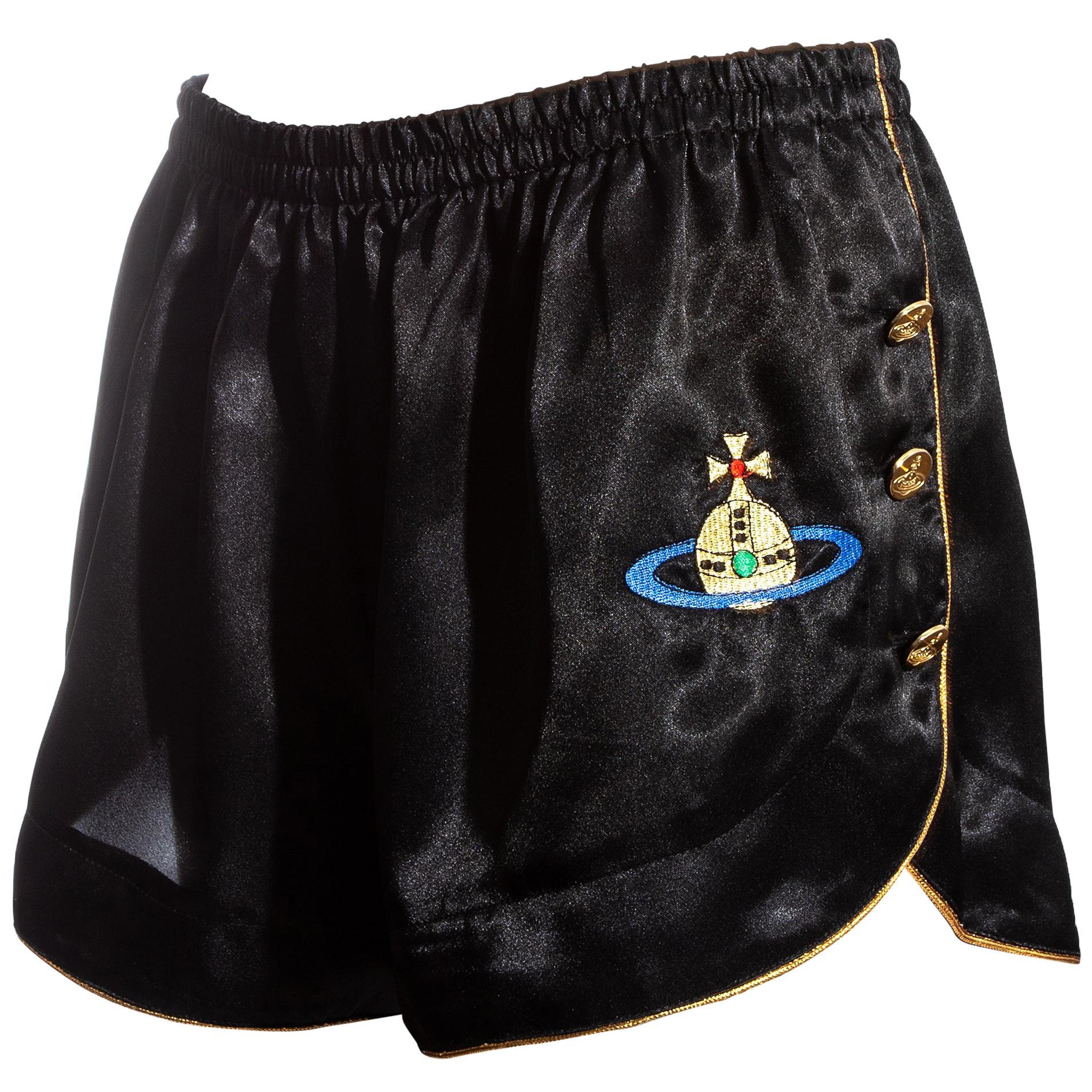 Vivienne Westwood black and gold embroidered satin mini shorts, ss 1993