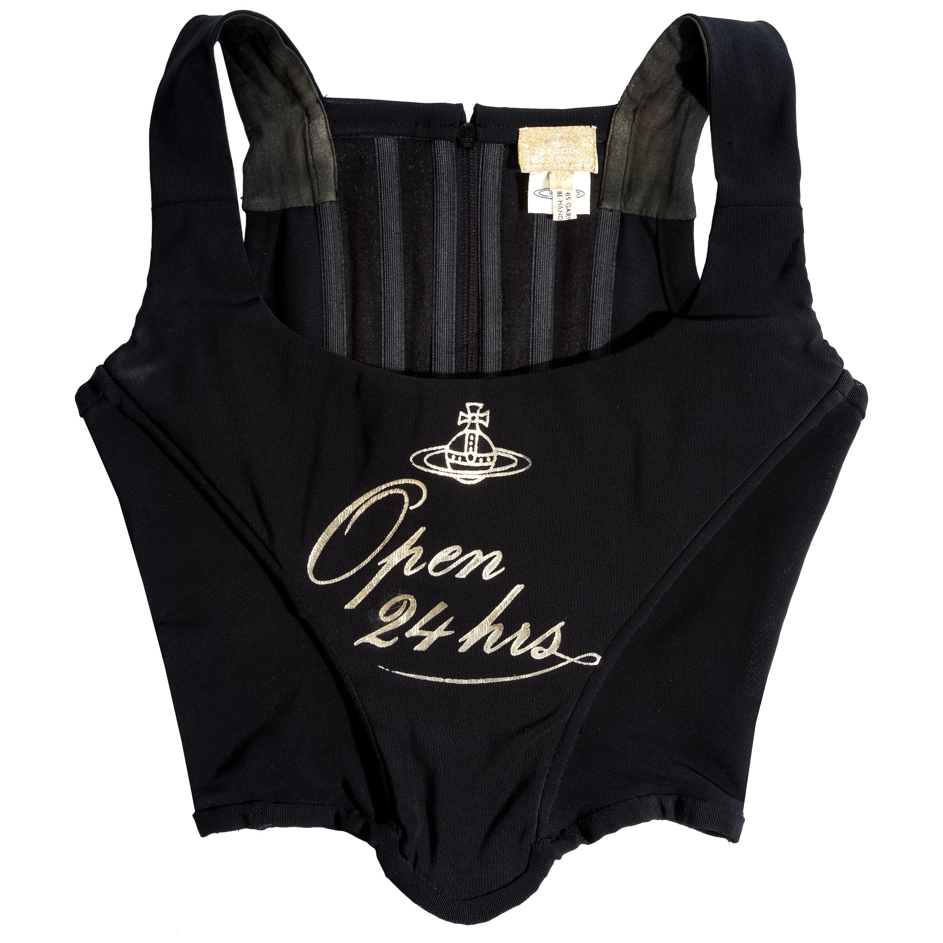 Vivienne Westwood black and gold mesh 'Open 24hrs' corset, fw 1993 For Sale
