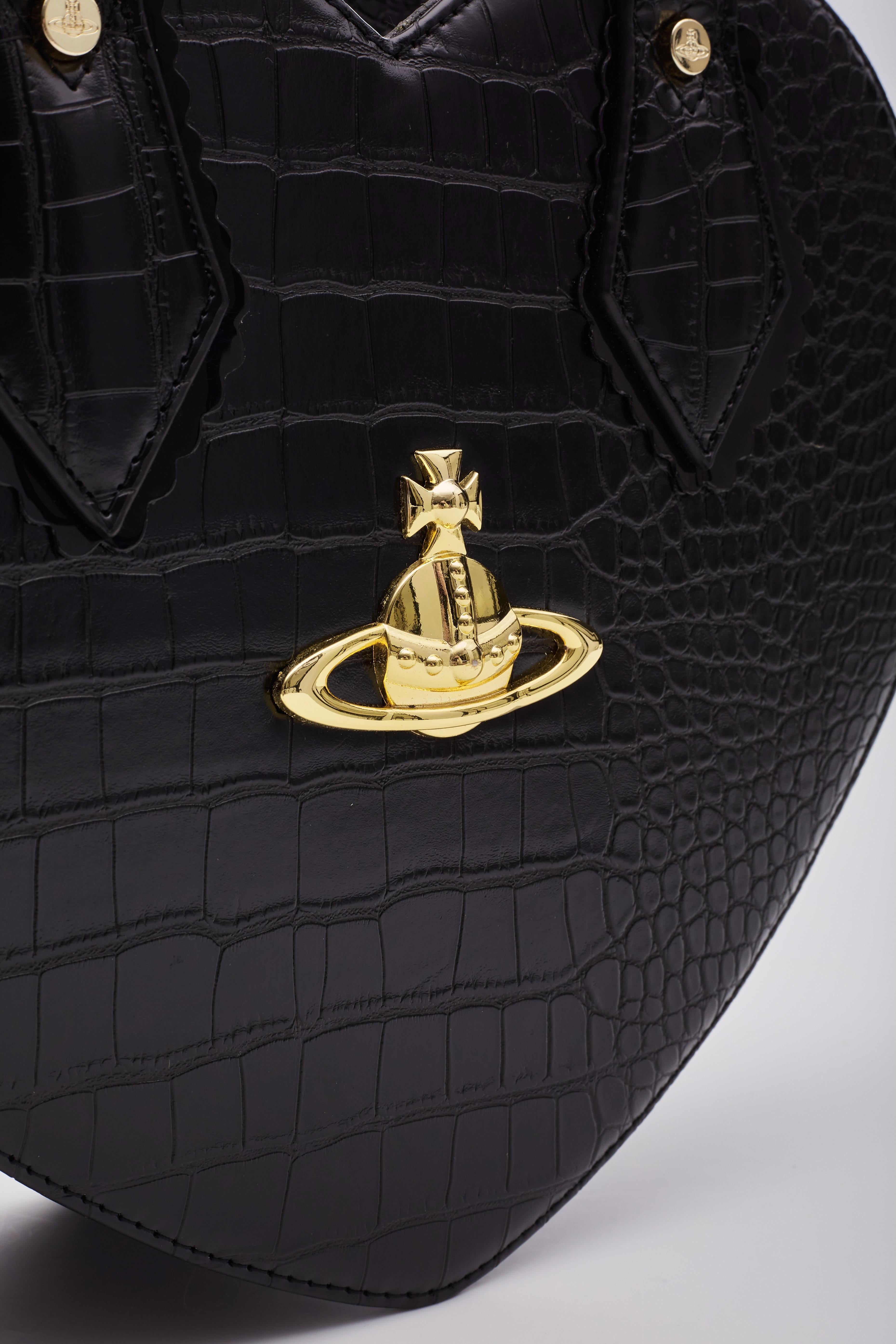Vivienne Westwood Black Croc Embossed Chancery Heart Handbag For Sale 3